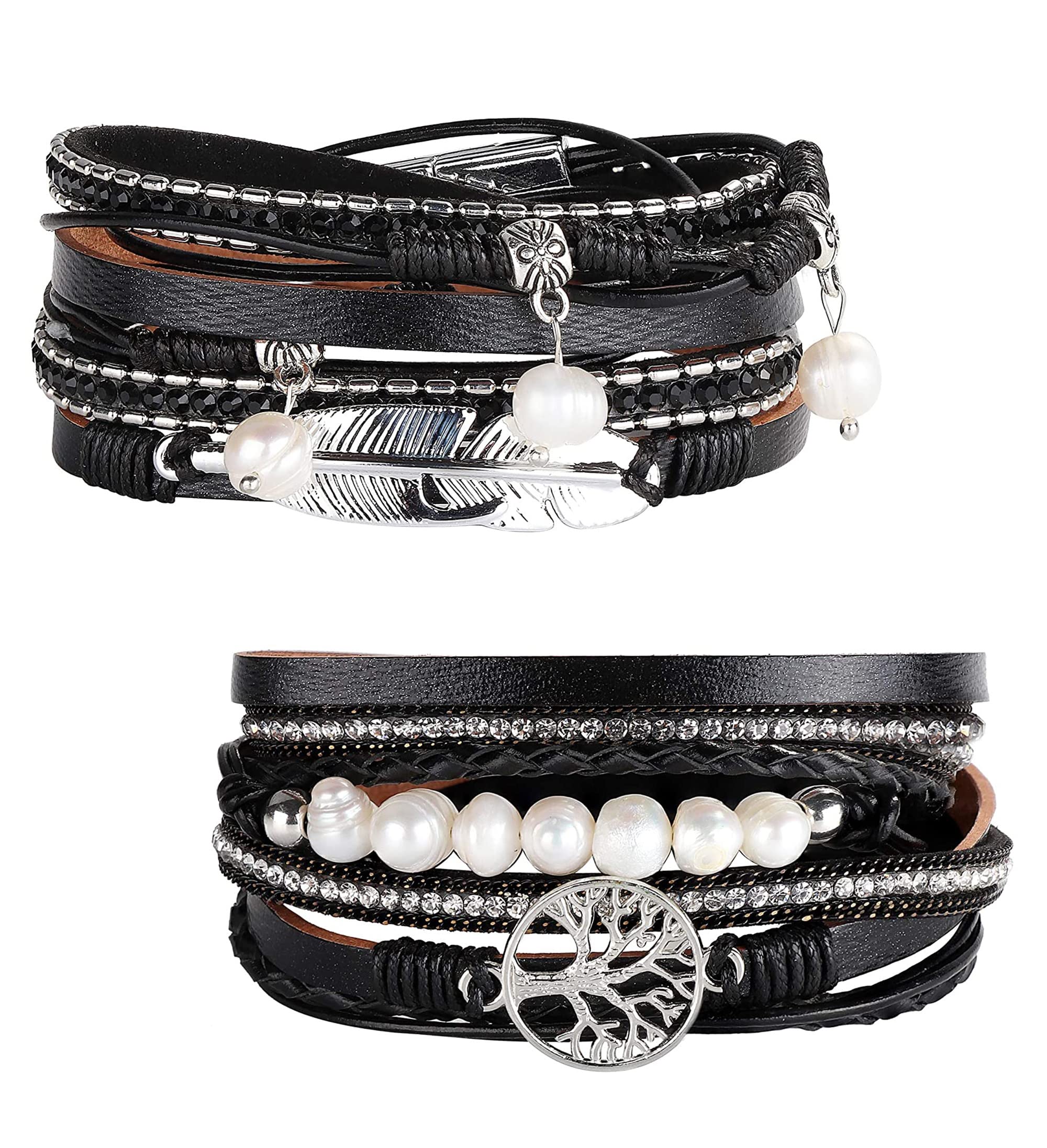 MILACOLATO 2 Pcs Leather Bracelets for Women Bohemian Style Multilayer Tree Of Life Bracelets Bangles Grey Brown Black Blue Magnetic Buckle Bangles Jewelry Gift for Mother Friends