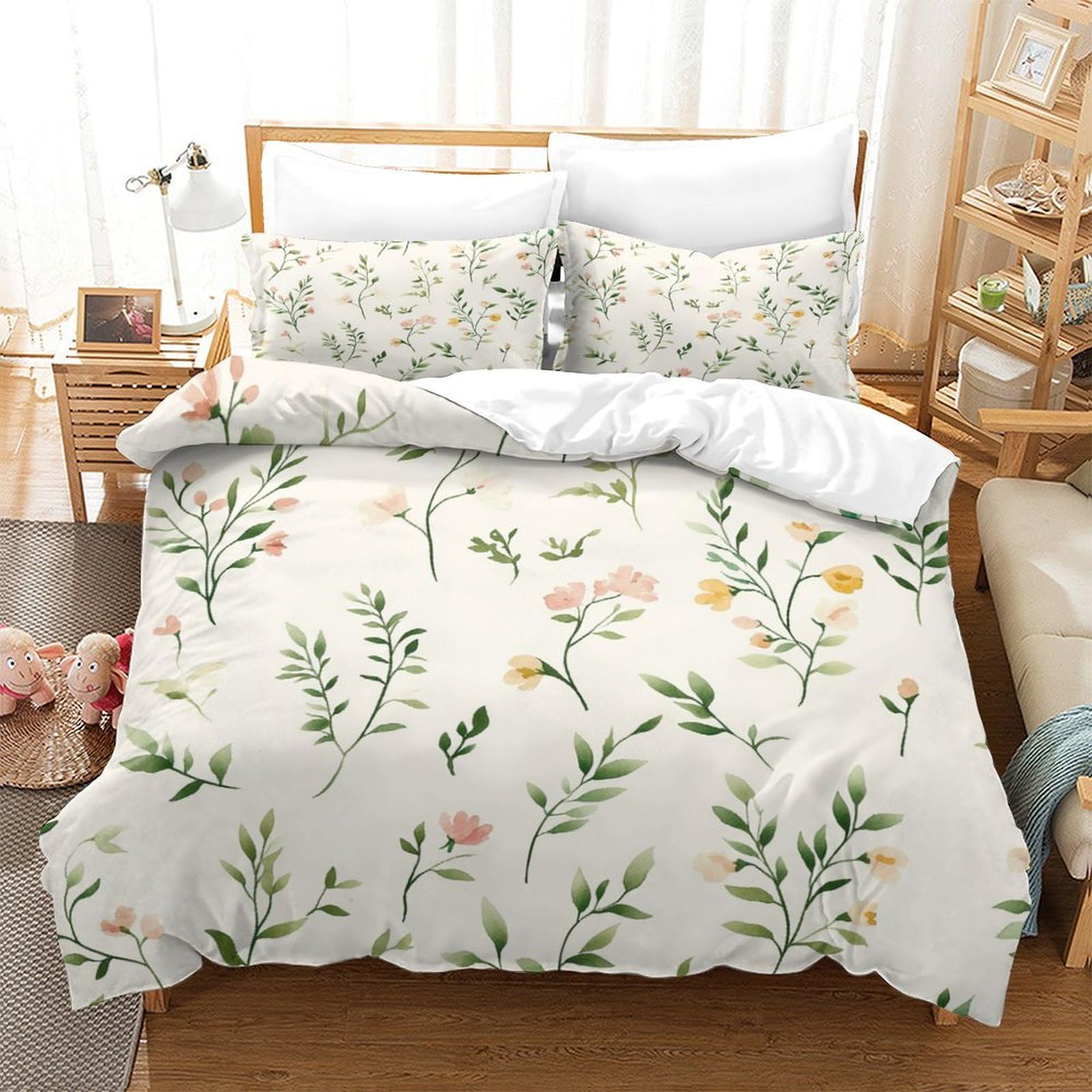 Qdzhcpmyk Natural Floral Patterns Duvet Cover 3 Pcs Hotel Quality Quilt Cover Bedding Bed Covers With Pillowcases With Zipper Closure Ultra Soft Anti Allergic Microfiber King（220X240cm）