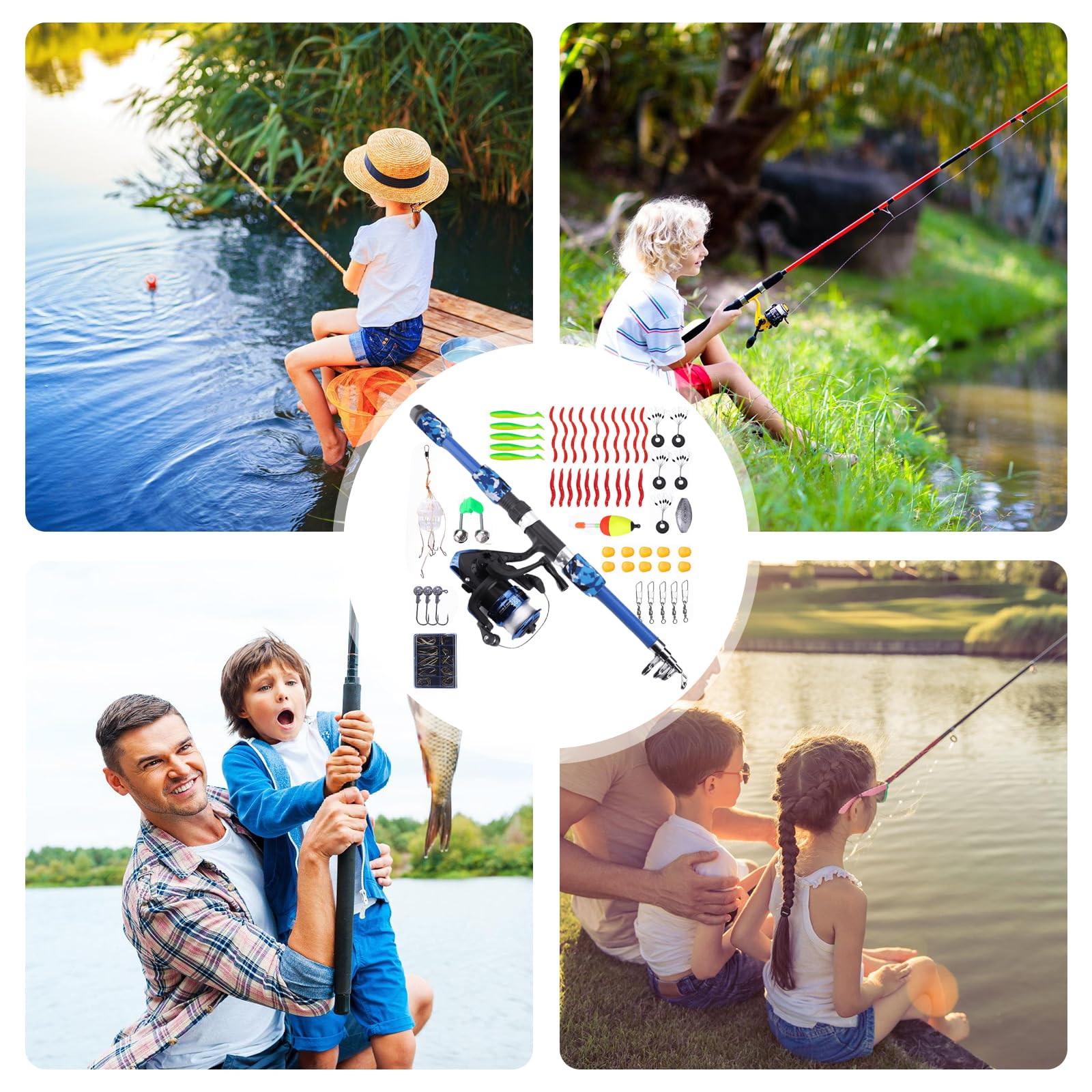 Kit de pêche pour enfants de 3 à 10 ans - Avec moulinet et leurres - Kit de démarrage de 1,8 m - Canne à pêche télescopique en fibre de carbone et moulinet de ligne de pêche - Accessoires de pêche