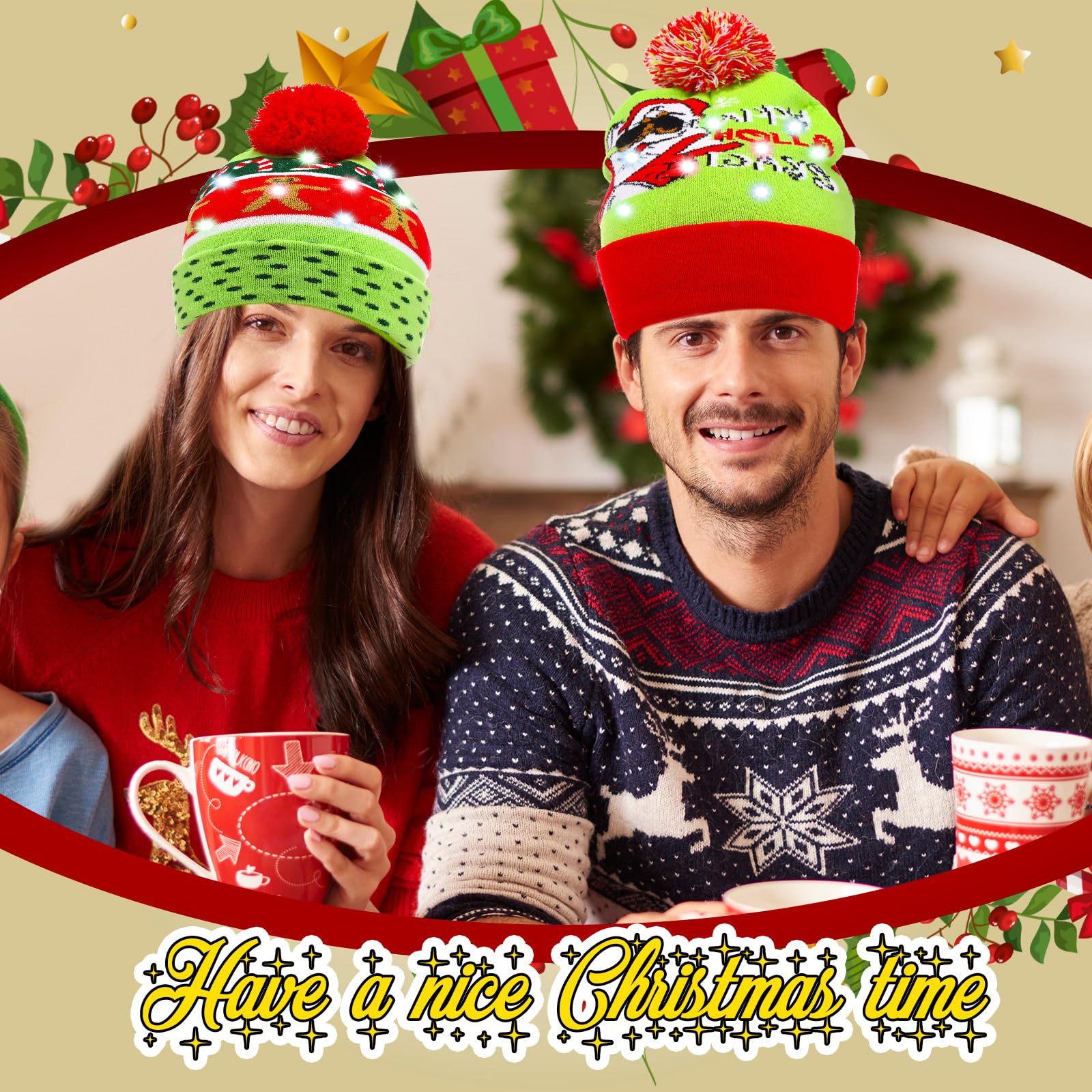 Vicenpal Weihnachtsmütze für Erwachsene, LED, bunt, blinkend, Strickmütze, hässlicher Pullover, Weihnachtsmann, Urlaub, Partyzubehör