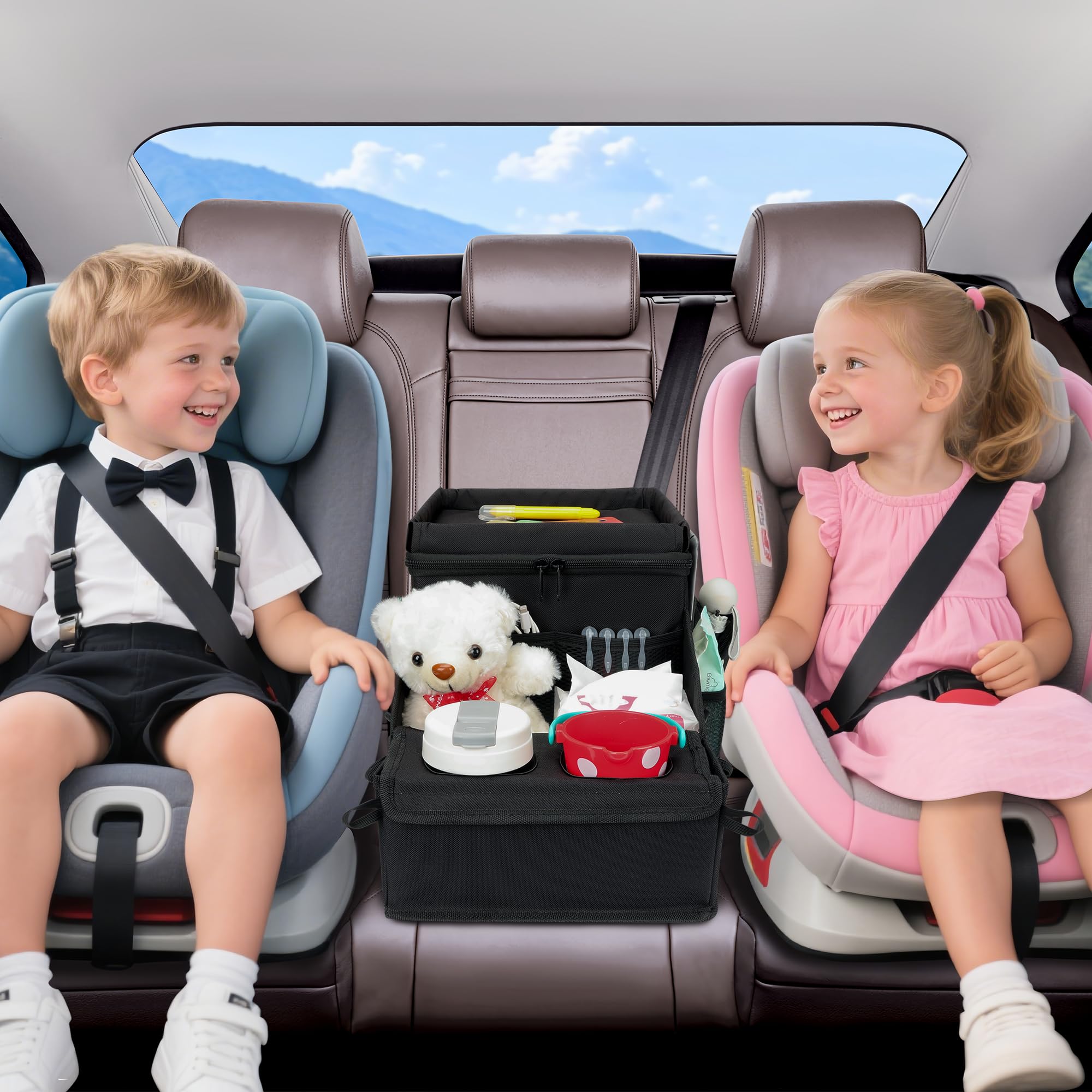 Autositz Organizer, Universeller Rückbank Organizer für den Rücksitz & Beifahrersitz mit Getränkehalter-Ablage mit Reise-Kühlbox für Kinder und Erwachsene, Ablage für Spielzeug, Bücher, Snacks
