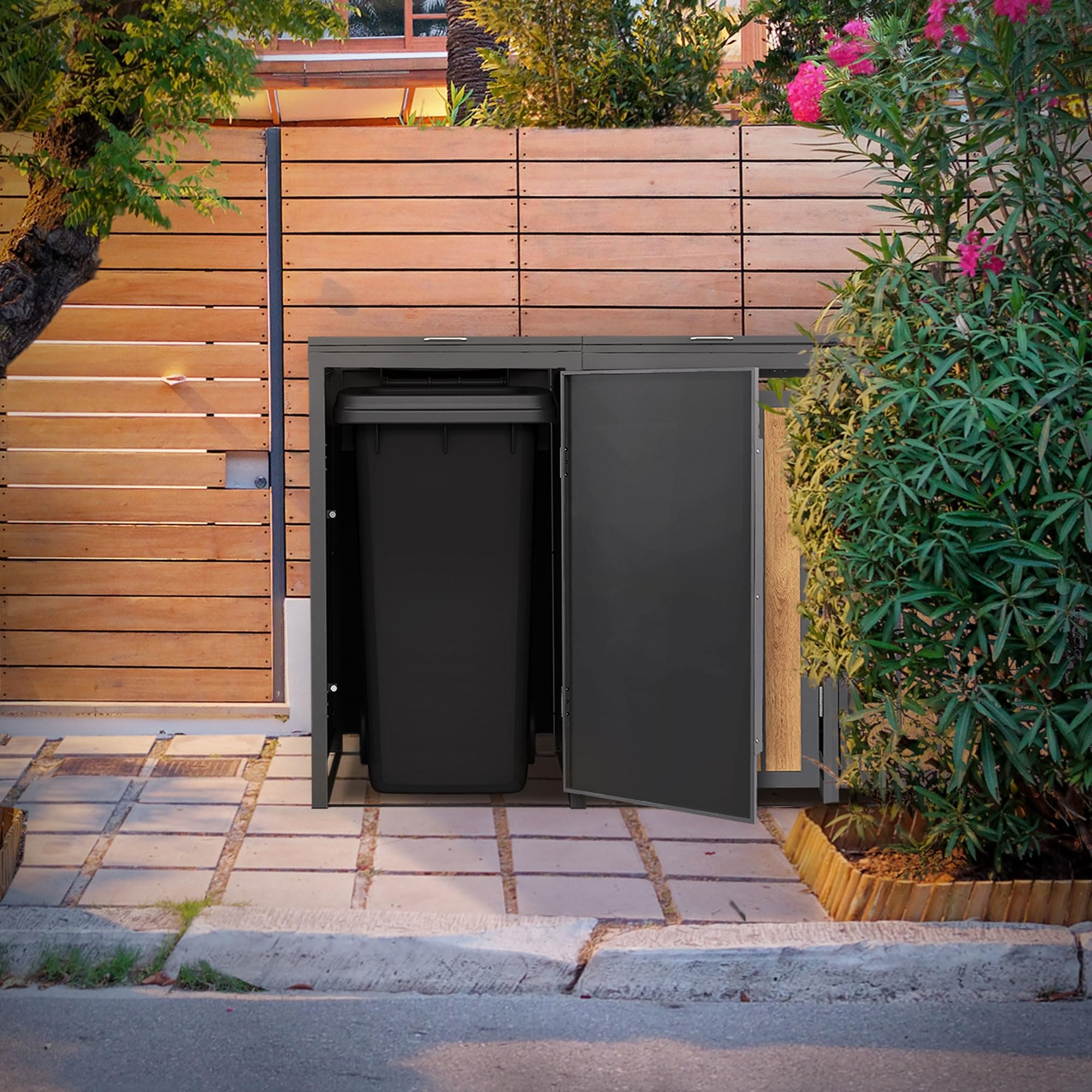 ML-Design Mülltonnenbox 3er 240L, Mülltonnenverkleidung für 3 Mülltonnen, Müllbox wetterfest, Mülltonnenhaus aus Stahl, Müllcontainer mit Klappdeckel & Tür, Gerätebox 196x80x120 cm Anthrazit-Holzoptik