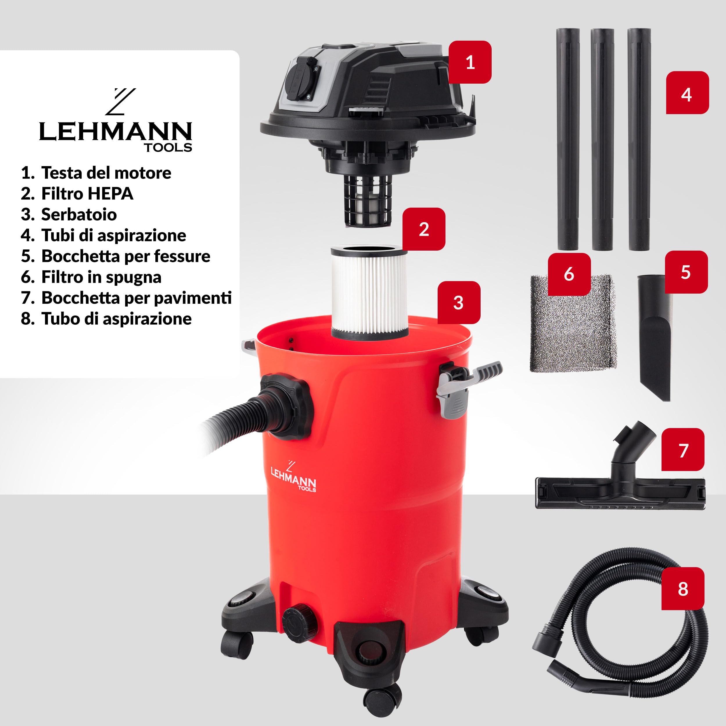 LEHMANN Aspirapolvere Industriale 30 L Aspira Solidi e Liquidi HEPA Soffiaggio