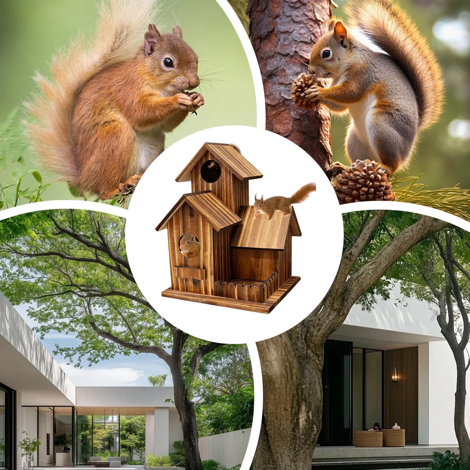Distributeur de Nourriture pour écureuils d'extérieur | Station d'alimentation en Bois à Trois Compartiments pour l'extérieur - Station de Nourrissage pour Jardin, Arbre avec Toit Flexible | pour