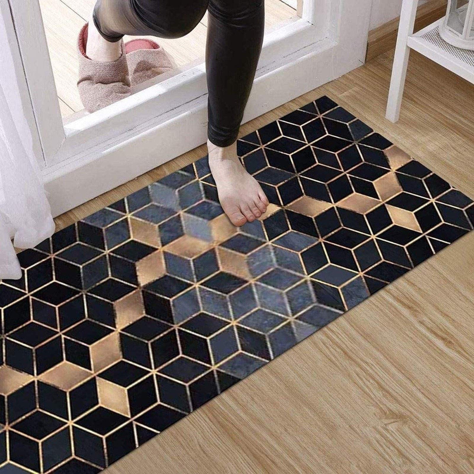 Long tapis de couloir moderne de luxe épais avec envers antidérapant pour couloir/porte/escaliers, noir, gris, doré, 120 x 450 cm