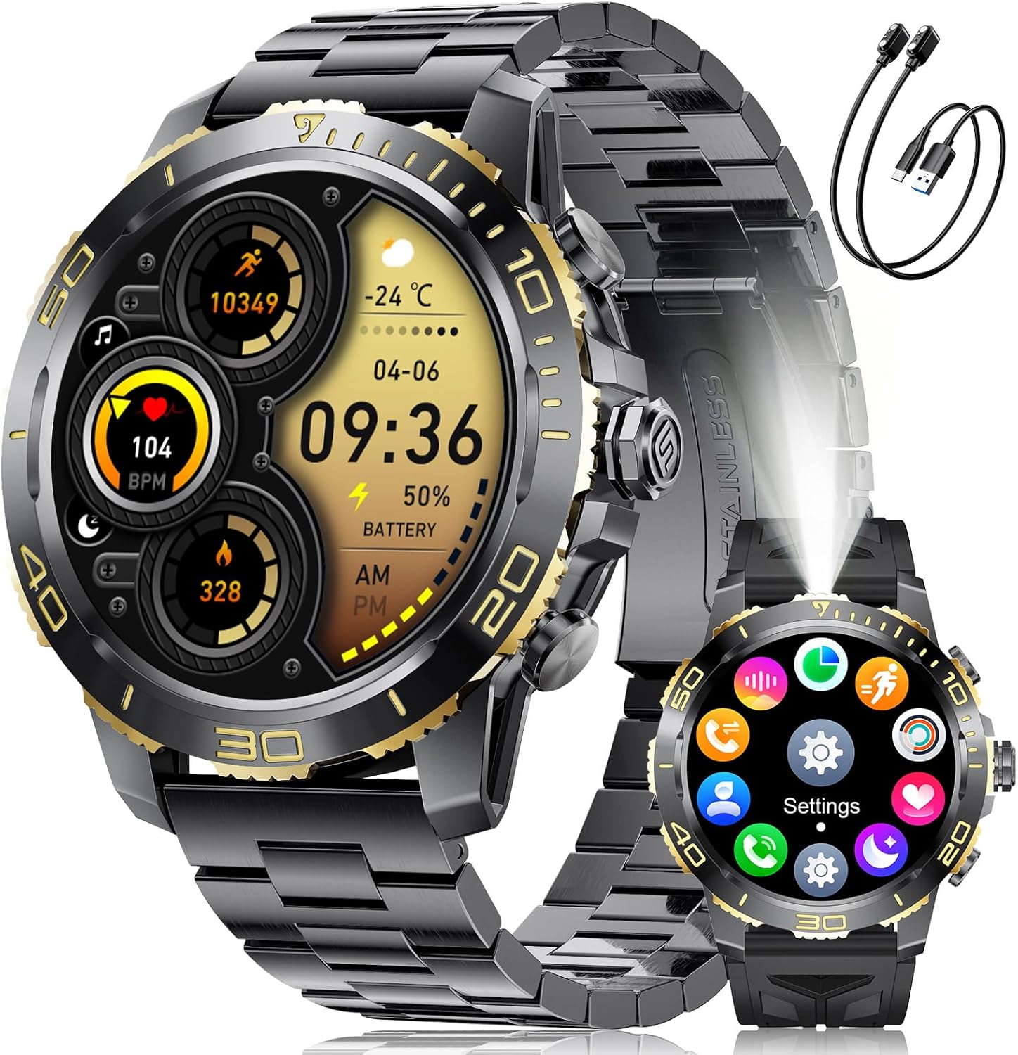 Orologio militare da uomo con luce LED, display AMOLED da 1,52 pollici, smartwatch con funzione telefono, batteria da 800 mAh, cardiofrequenzimetro/sonno, fitness tracker 119 modalità