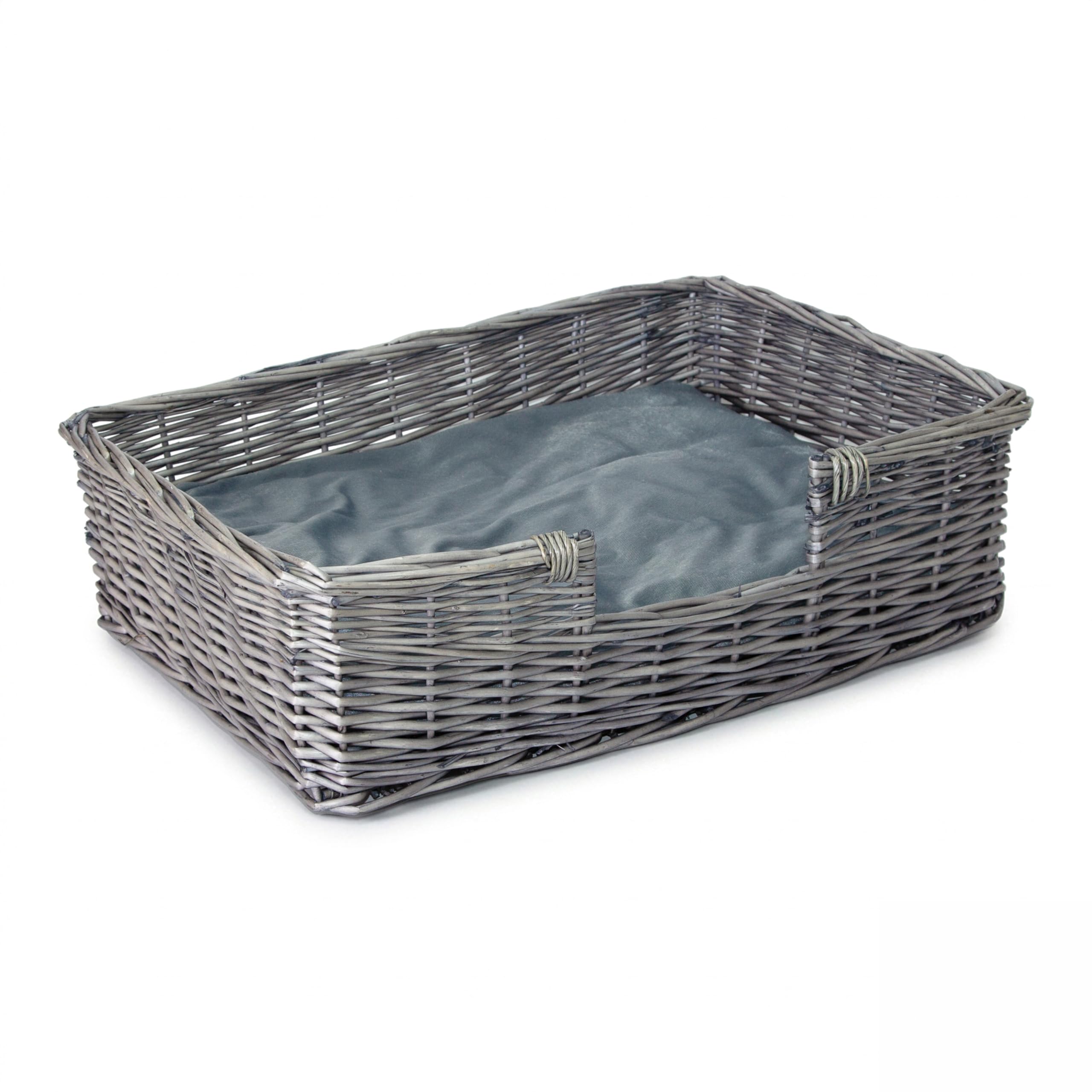 green leaves Grey Natural Wicker Dog Bed with Cushion Pet Sofa Easy Access Dog Basket (Large)