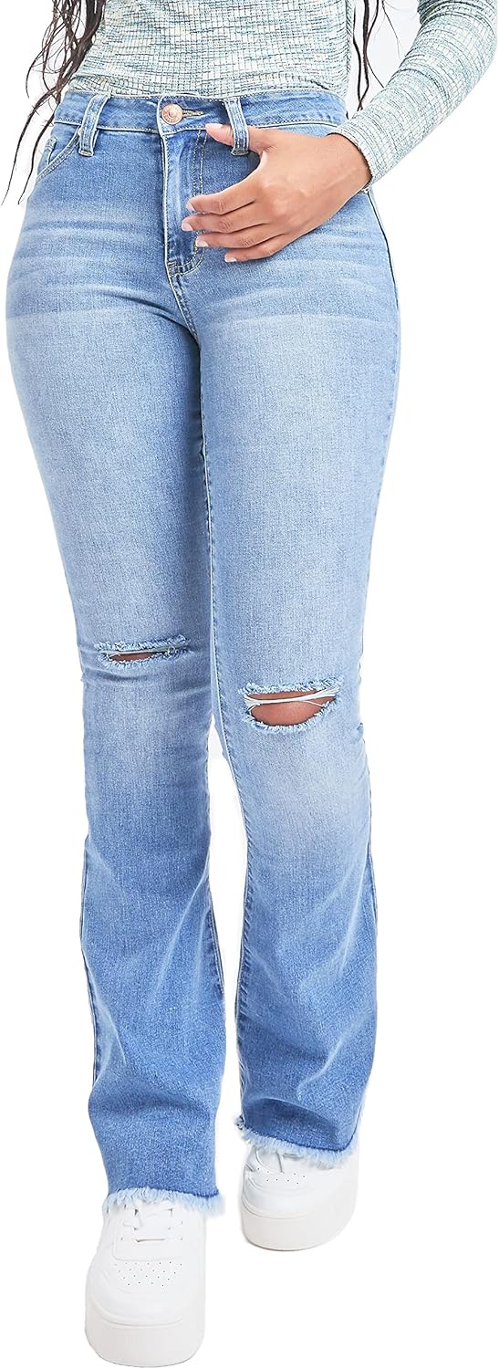 YMI Womens YMI Womens Jeans High-Rise Flare Jean with Frayed Hem - Long Inseam