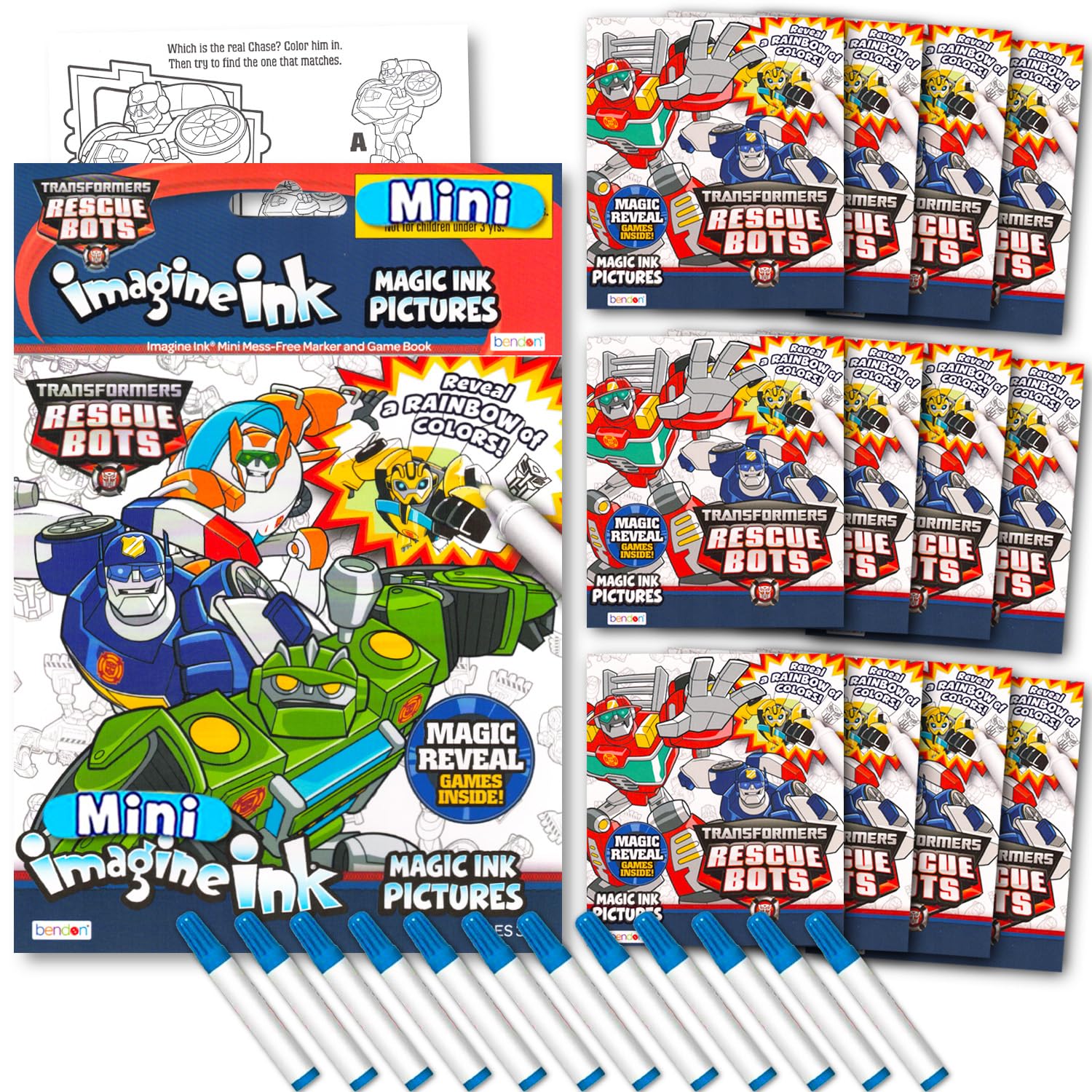 Transformers Rescue Bots Imagine Ink Coloring Book Set - 12 Pack No-Mess Magic Ink Coloring Books featuring Rescue Bots and More (Transformers Favors)