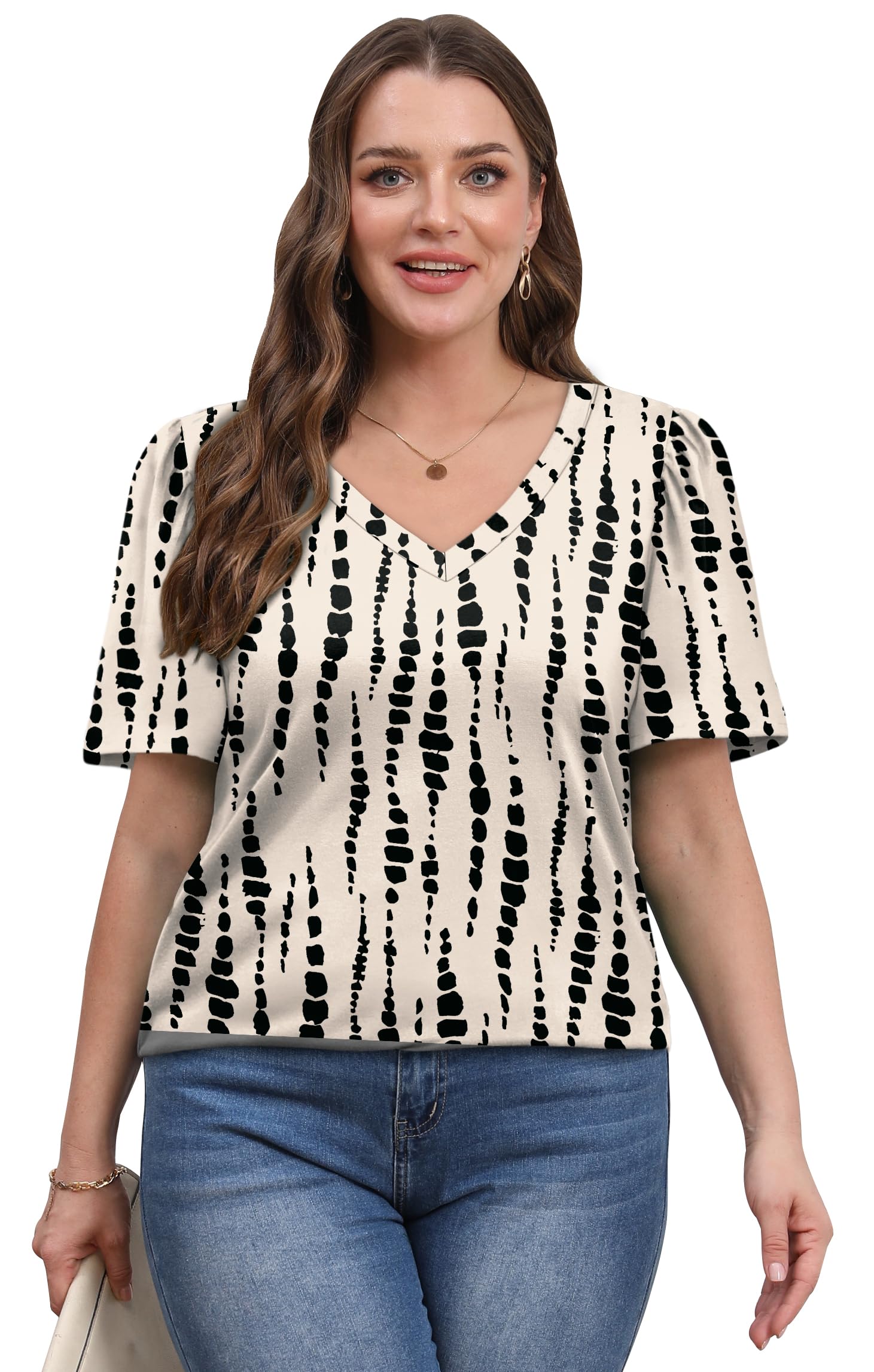 OFEEFAN T Shirts for Women V Neck Dressy Casual Blouses Puff Short Sleeve Summer Tops Loose Fit