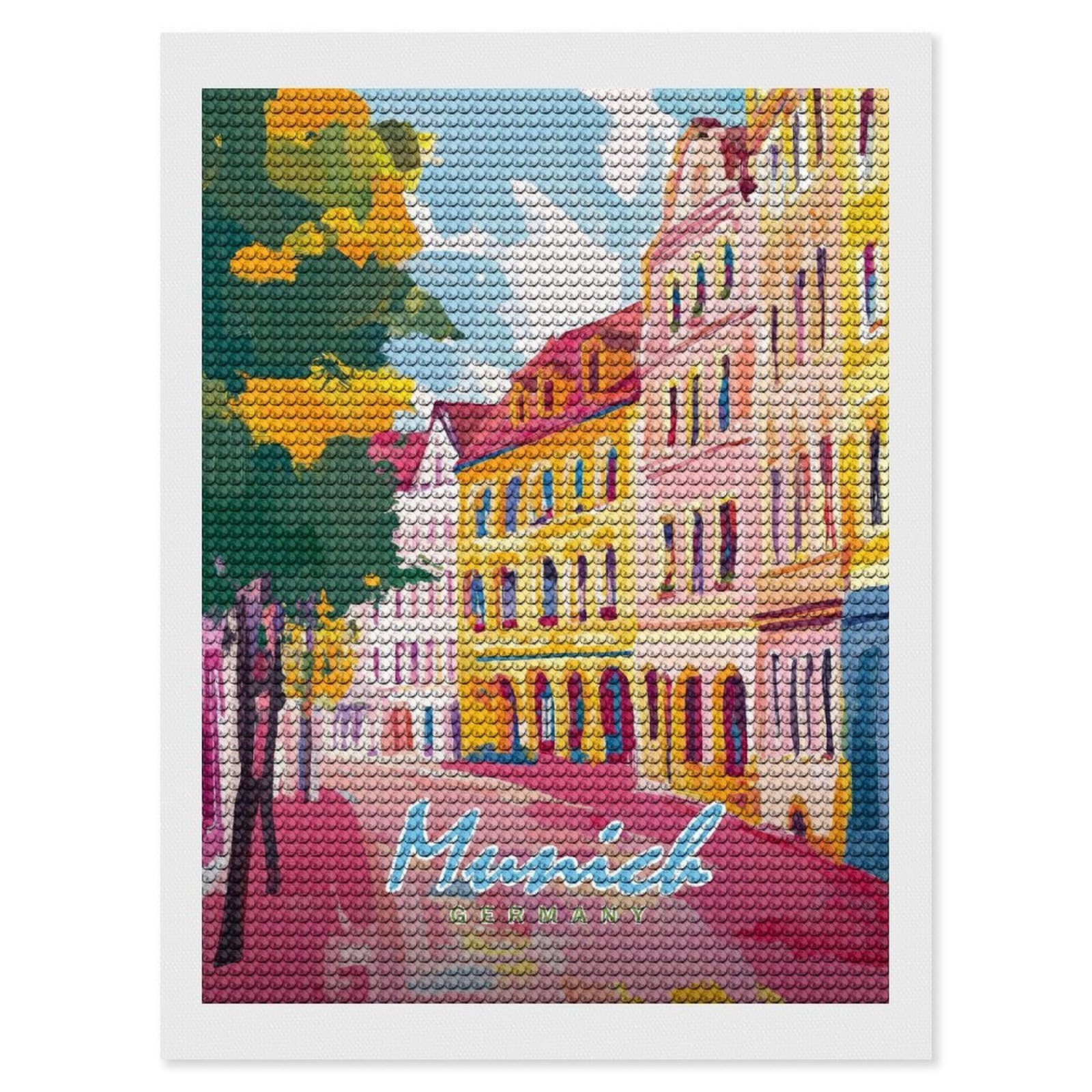 Junmoney Munich Street Painting DIY Diamond Art Canvas Kit 12"x16", for Teens, Finish and Display, Holiday Gift Idea, Vintage Style Decor