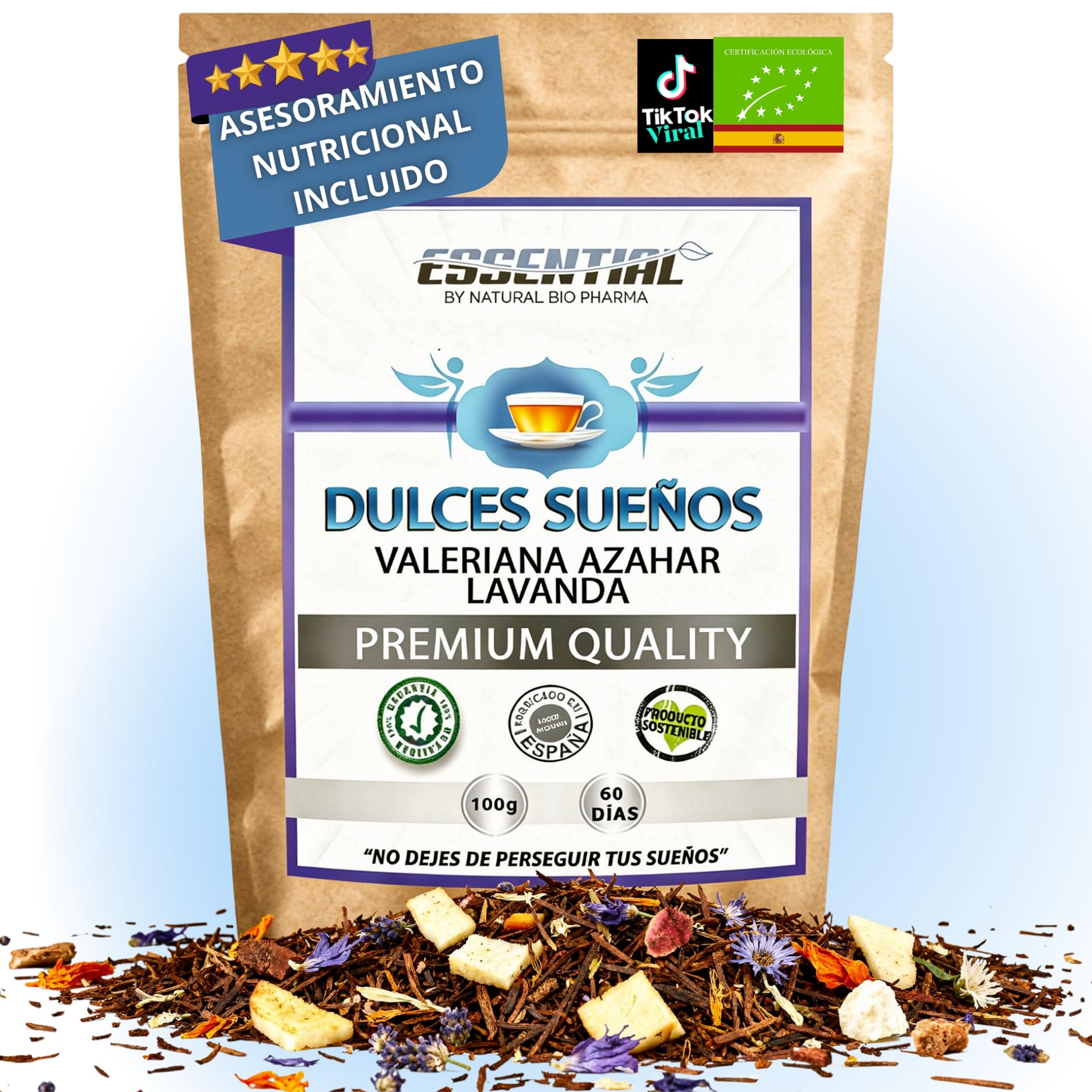 Duerme bien. Infusiones Relajantes para la Ansiedad y para Dormir Profundo toda la Noche. Rooibos de Valeriana, Lavanda, Malva, Azahar y Manzana. Sueño Profundo con esta Infusión Relajante para Dormir