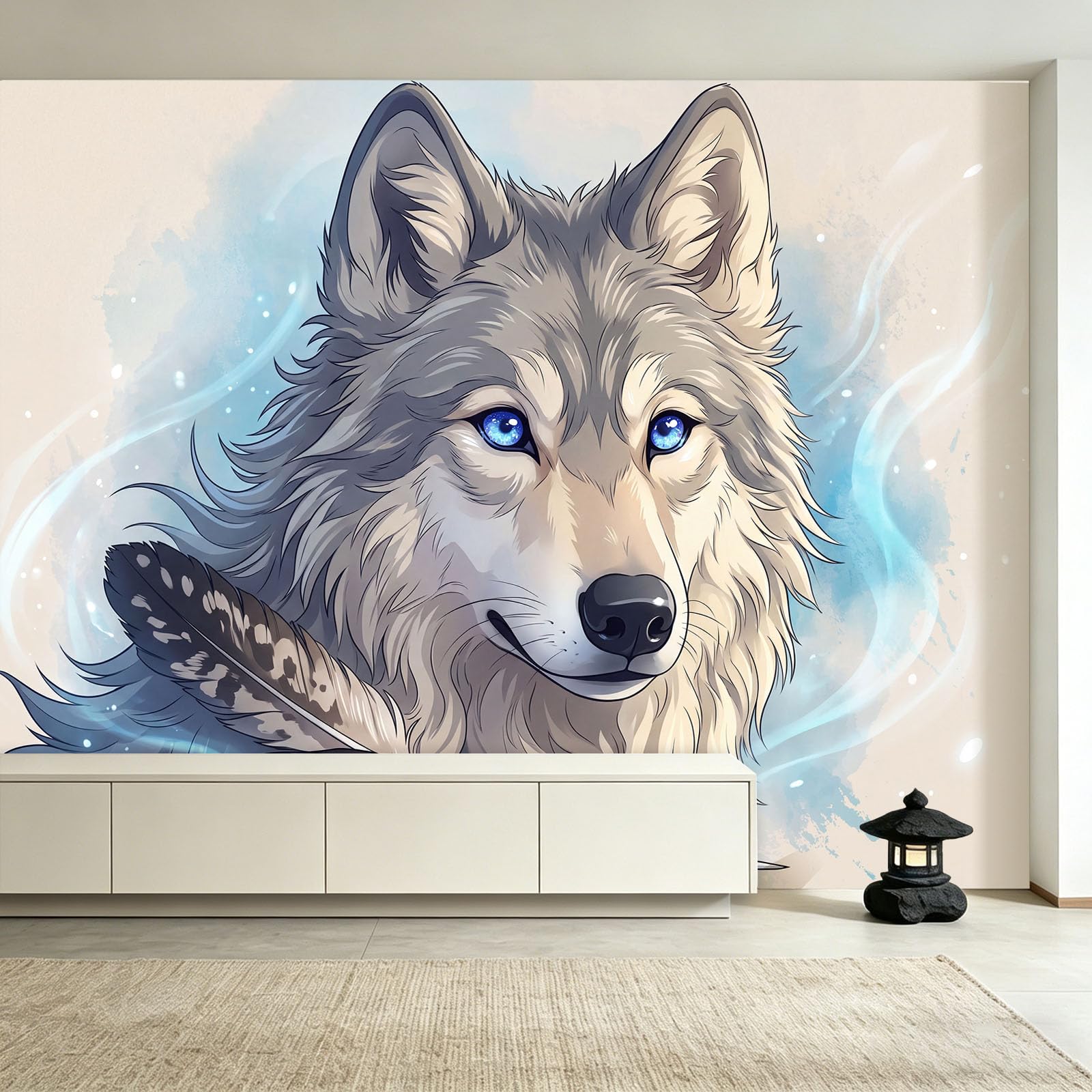 Générique Tapeta wilk szare pióro fala 300 x 210 cm (szer. x wys.) gigantyczny plakat ścienny 3D, fototapeta z kreskówki, fototapeta z włókniny do salonu, sypialni i kuchni
