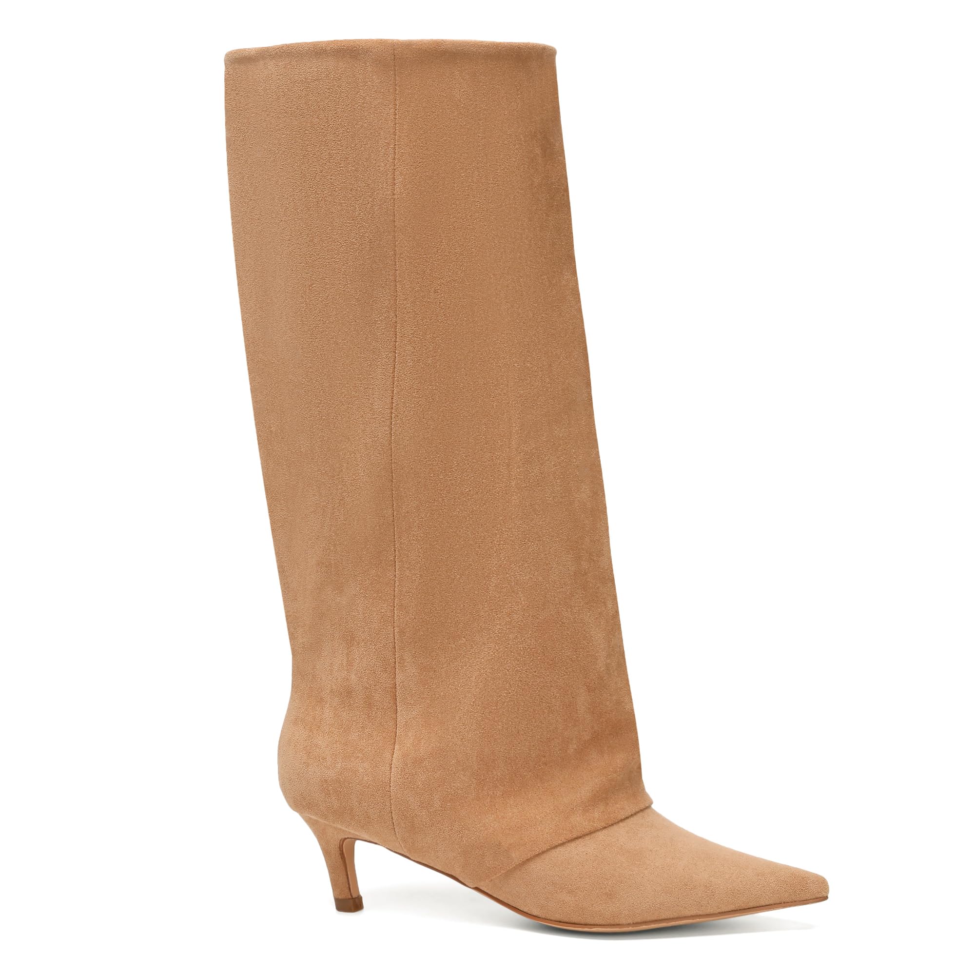 Brown Suede Knee High Boots for Women Comfortable Pull on Pointed Toe 2 Inch Kitten Heel Fold Over