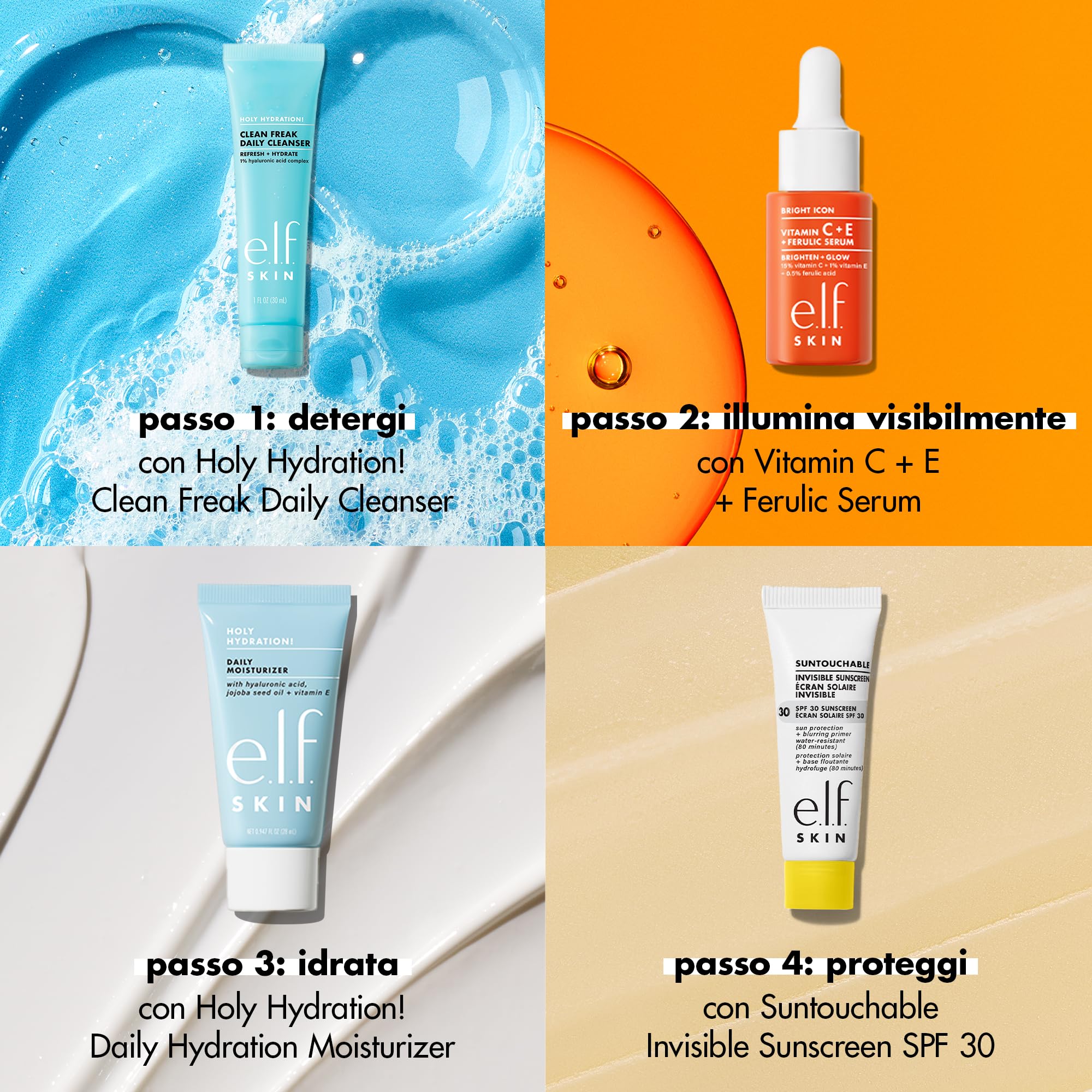 e.l.f. SKIN Wake the e.l.f. Up Skincare Kit, detergente viso idratante, protezione solare, idratante e siero illuminante in formato viaggio, prodotti vegani e non testati sugli animali