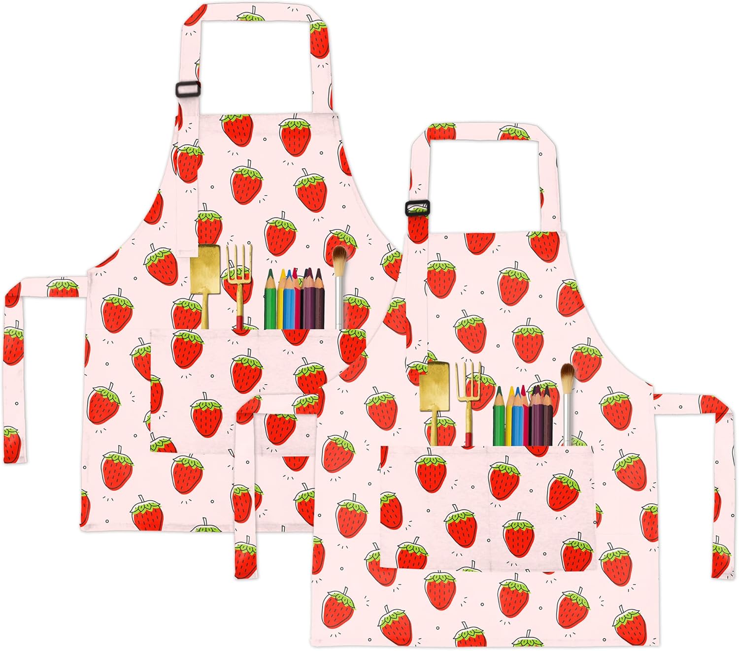 BeeGreen Kids Aprons 2 Pack Strawberries Kids Painting Aprons with Adjustable Strap & Front Pockets Toddler Aprons for Girls & Boys Artist Smocks for Cooking Baking Kitchen Washable, Medium, Pink,red