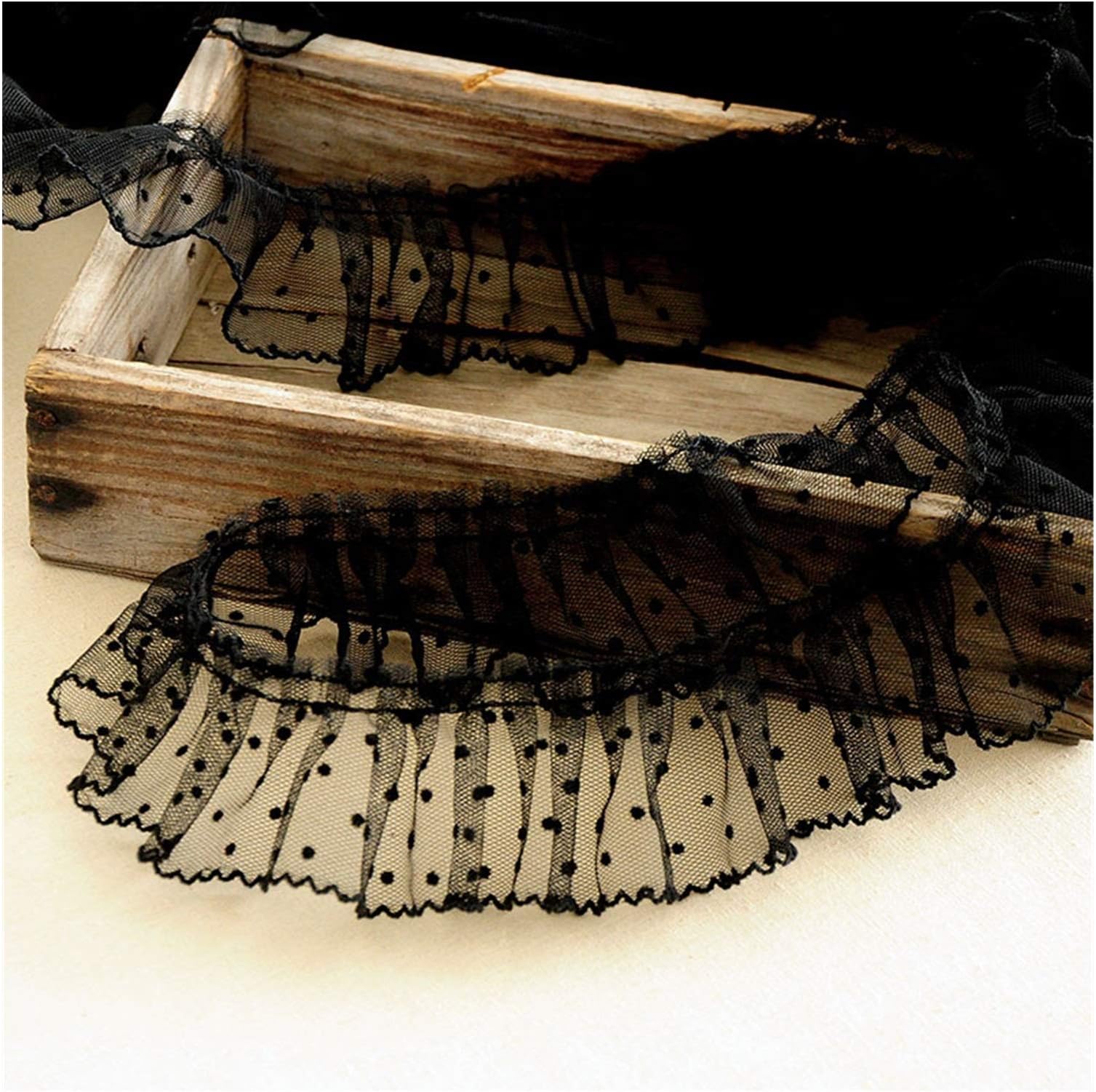MAODING Pleated Lace Fabric Wide 6cm Dot Lace Trim Applique Collar Ribbon Sewing Guipure Crafts Mesh Laces (Color : Black)
