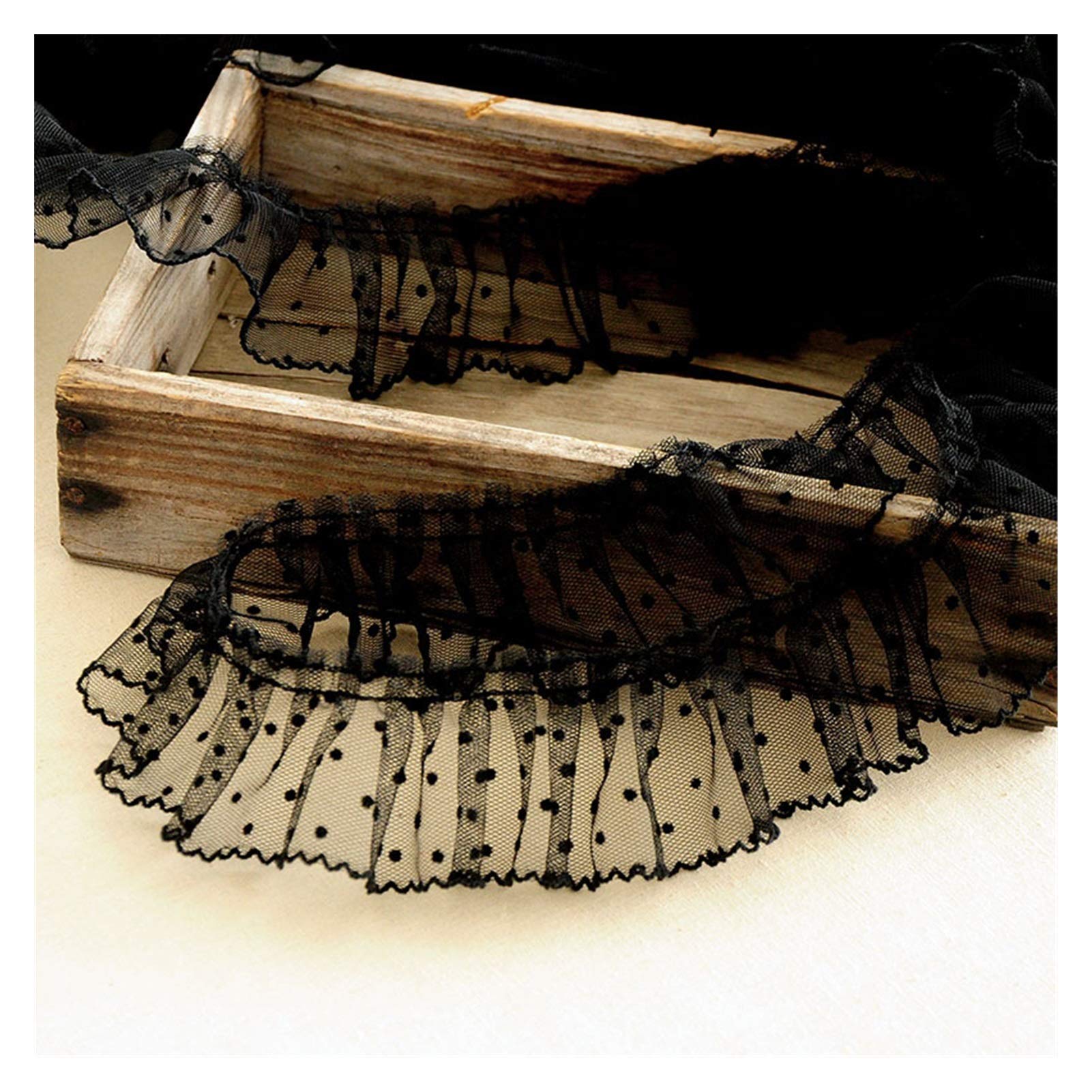 MAODING Pleated Lace Fabric Wide 6cm Dot Lace Trim Applique Collar Ribbon Sewing Guipure Crafts Mesh Laces (Color : Black)
