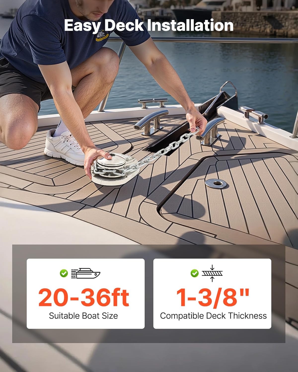 A person installing the windlass on a boat deck, showing the suitable boat size (20-36ft) and compatible deck thickness (1-3/8 inch).