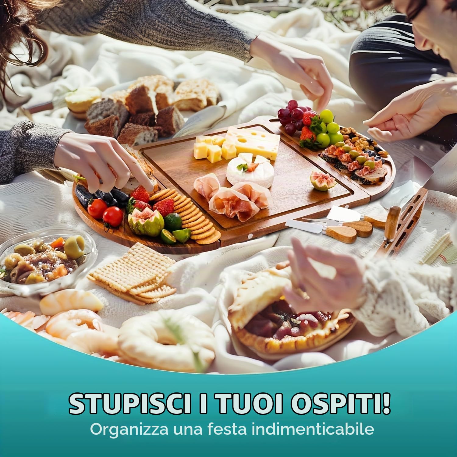 Set di taglieri per salumi in legno di acacia grande, 66 x 33 cm, con 5 coltelli da formaggio e vassoio da portata magnetico a 3 sezioni - Perfetto per bridal shower, inaugurazione della casa e regali