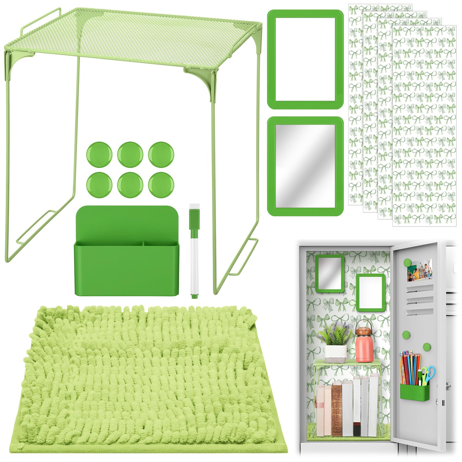 Pinkunn 16 Pcs Locker Accessories for Girls Back to School Locker Decorations Bow Wallpaper Magnetic Whiteboard Magnet Mirror Dry Eraser Marker Rug Storage Cup Organizing Shelf(Playful,Green)