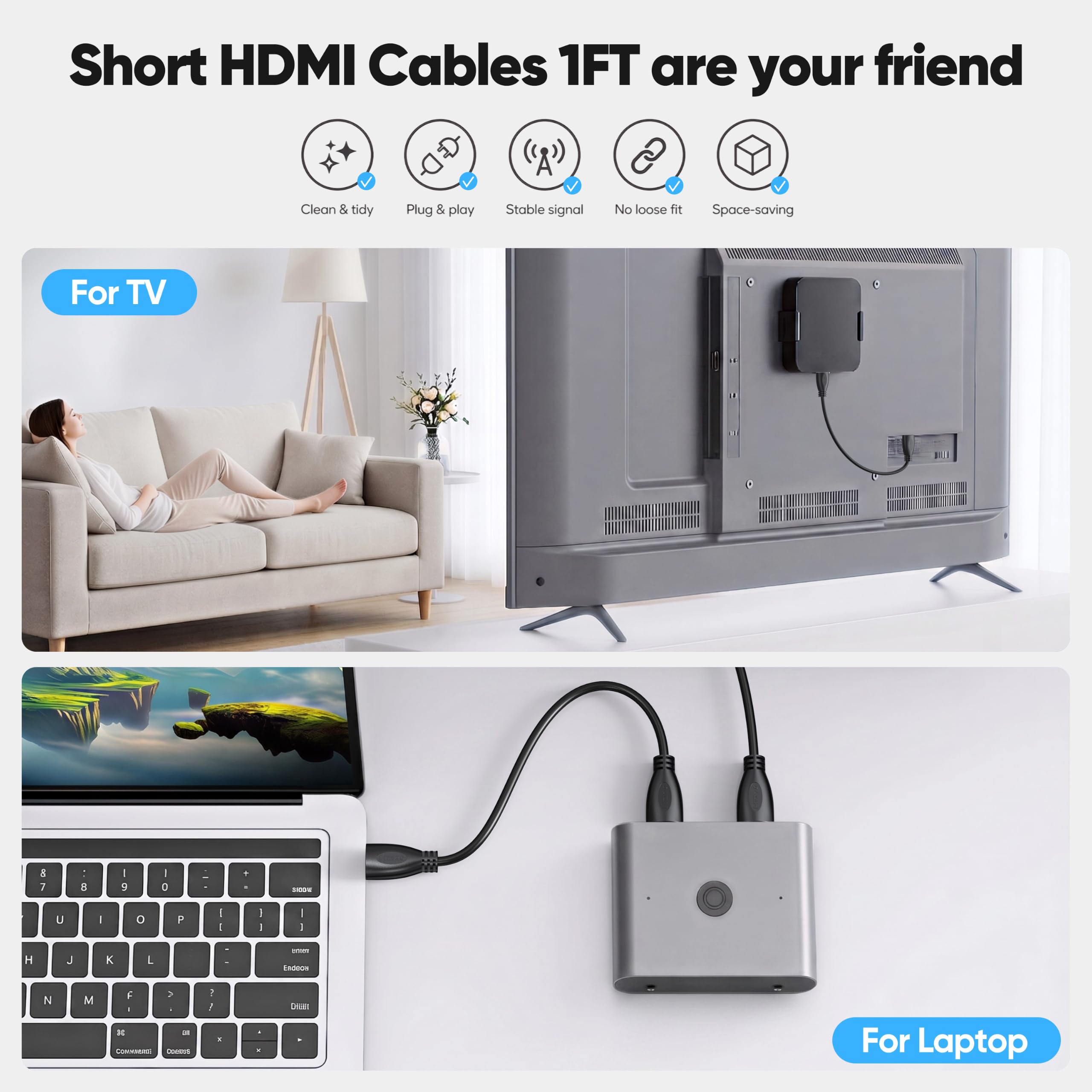 Cavo HDMI da 0,5 m, confezione da 10, 4K UHD HDMI adattatore maschio a maschio per ARC e CL3 nominale | per laptop, monitor, PS5, PS4, Xbox One, Fire TV e altro ancora