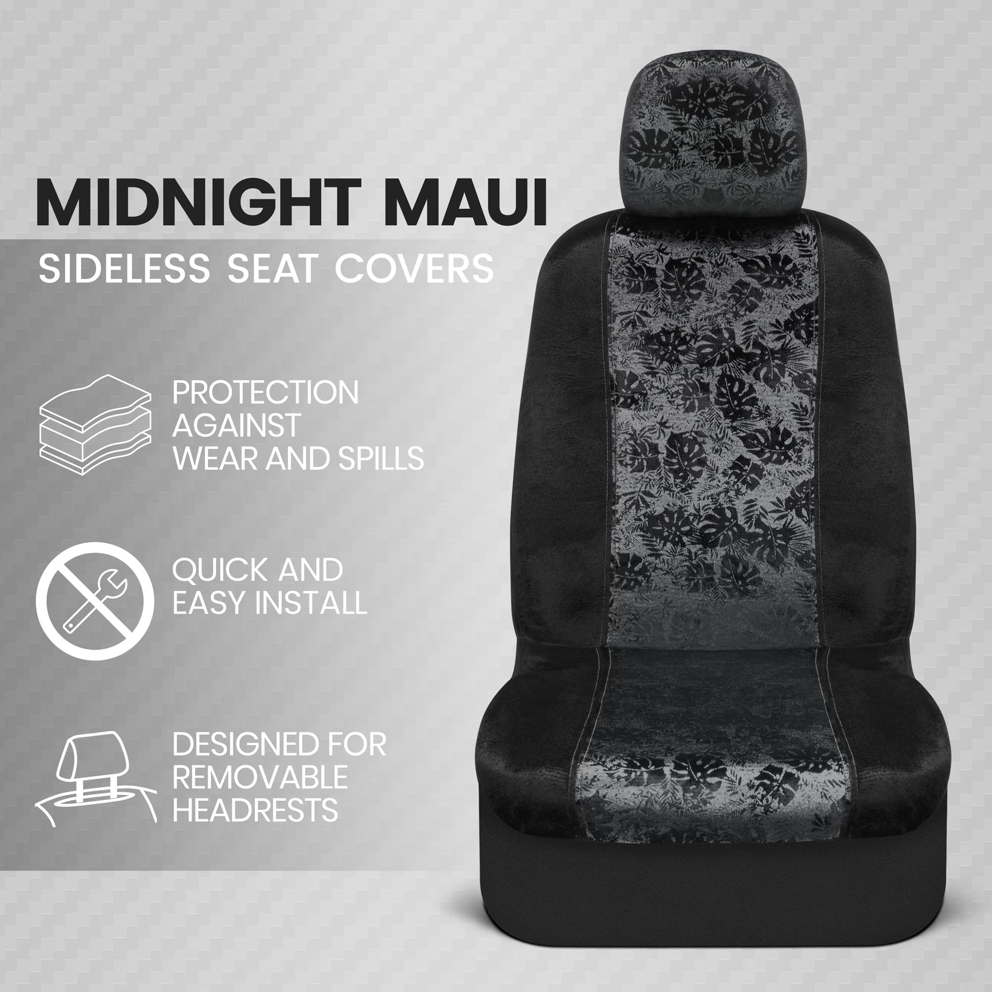 Condition photo showing As Is for bdk black maui car seat covers for front seats, 2 pack – tropical pattern front seat cover set with matching headrest, sideless design for easy installation, fits most car truck van and suv