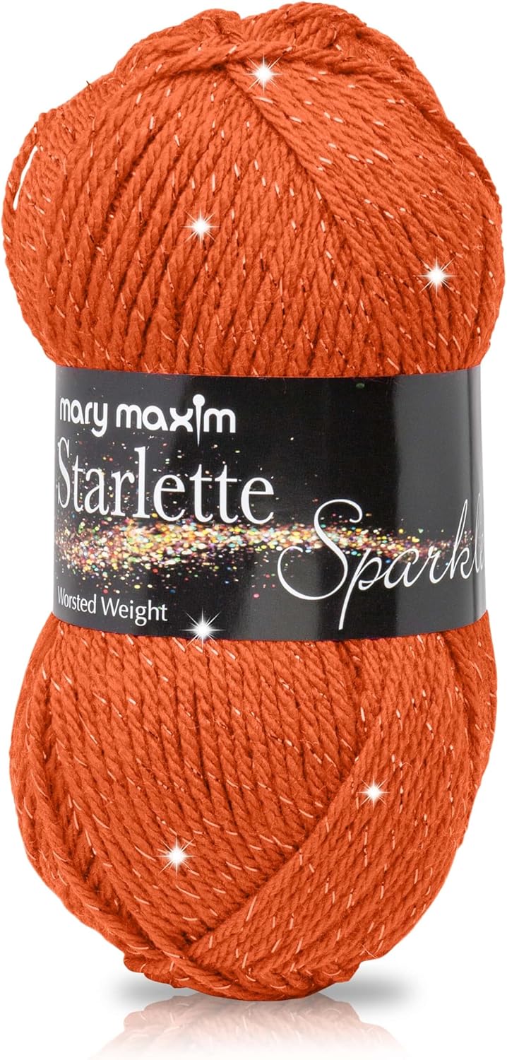 Mary Maxim Starlette Sparkle Yarn - 4 Medium Worsted Weight Yarn, 98% Acrylic, 2% Polyester Yarn for Knitting and Crocheting - 4 Ply Soft Yarn for Blankets, Clothing, Decor - 196 Yards - Orange