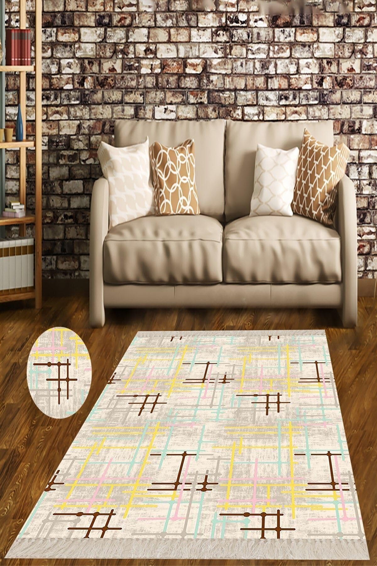 Pelangi Geometrik Çizgi Desenli Dijital Baskı Yıkanabilir Kaymaz Taban Etnik Kilim Desen Salon Halı, Beyaz 80 x 50