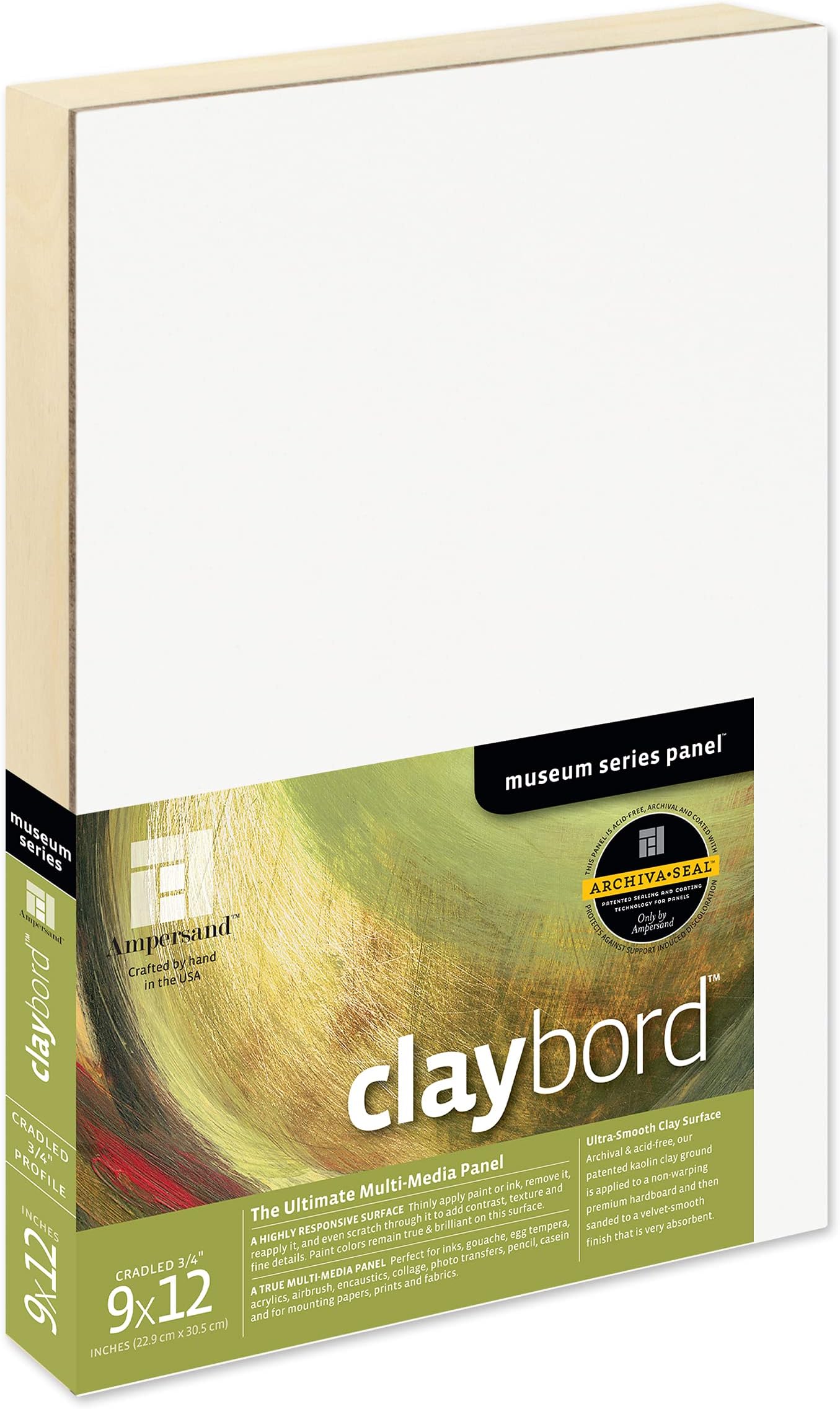 Ampersand Art Supply Claybord | 9" x 12" | 3/4" Cradled Profile | Kaolin Clay Painting Panel for Acrylic, Ink, Watercolor & Mixed Media | Canvas & Paper Alternative