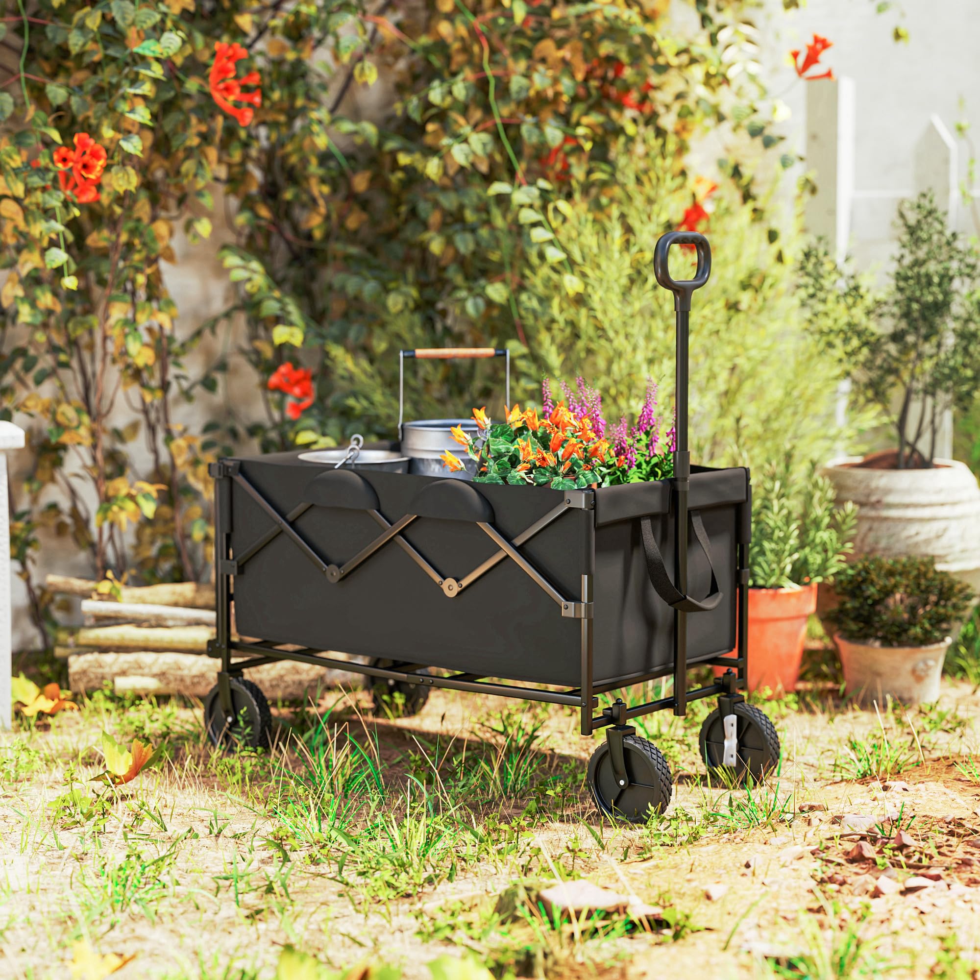 Outsunny Carrello Campeggio da 160L con 4 Ruote Girevoli, Carrello da Campeggio Pieghevole in Acciaio e Tessuto Oxford con Borsa Espandibile e Maniglia Girevole e Regolabile, 95x55x102 cm, Nero