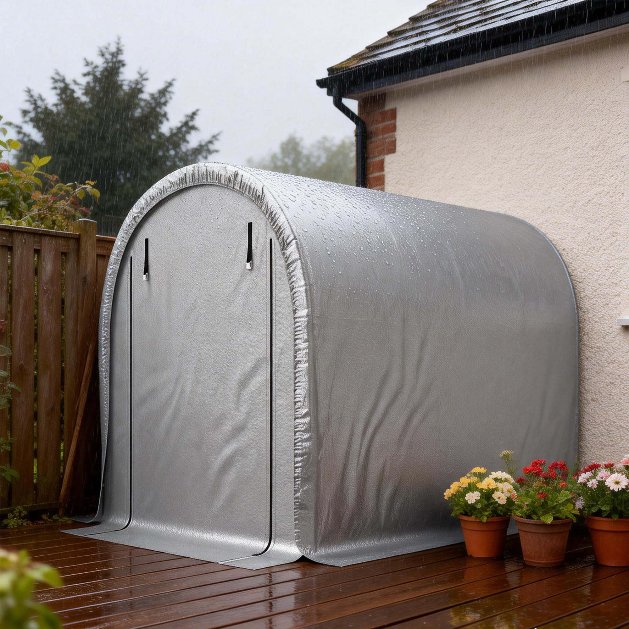 Outsunny Abri de Jardin Tente de Stockage Garage à Vélos - Acier Galvanisé & 160g/m² PE Anti-UV pour Moto et Tondeuse - Dôme Anti-Pluie Multi-Usage avec Ancrage 159x240x185cm, Gris Clair