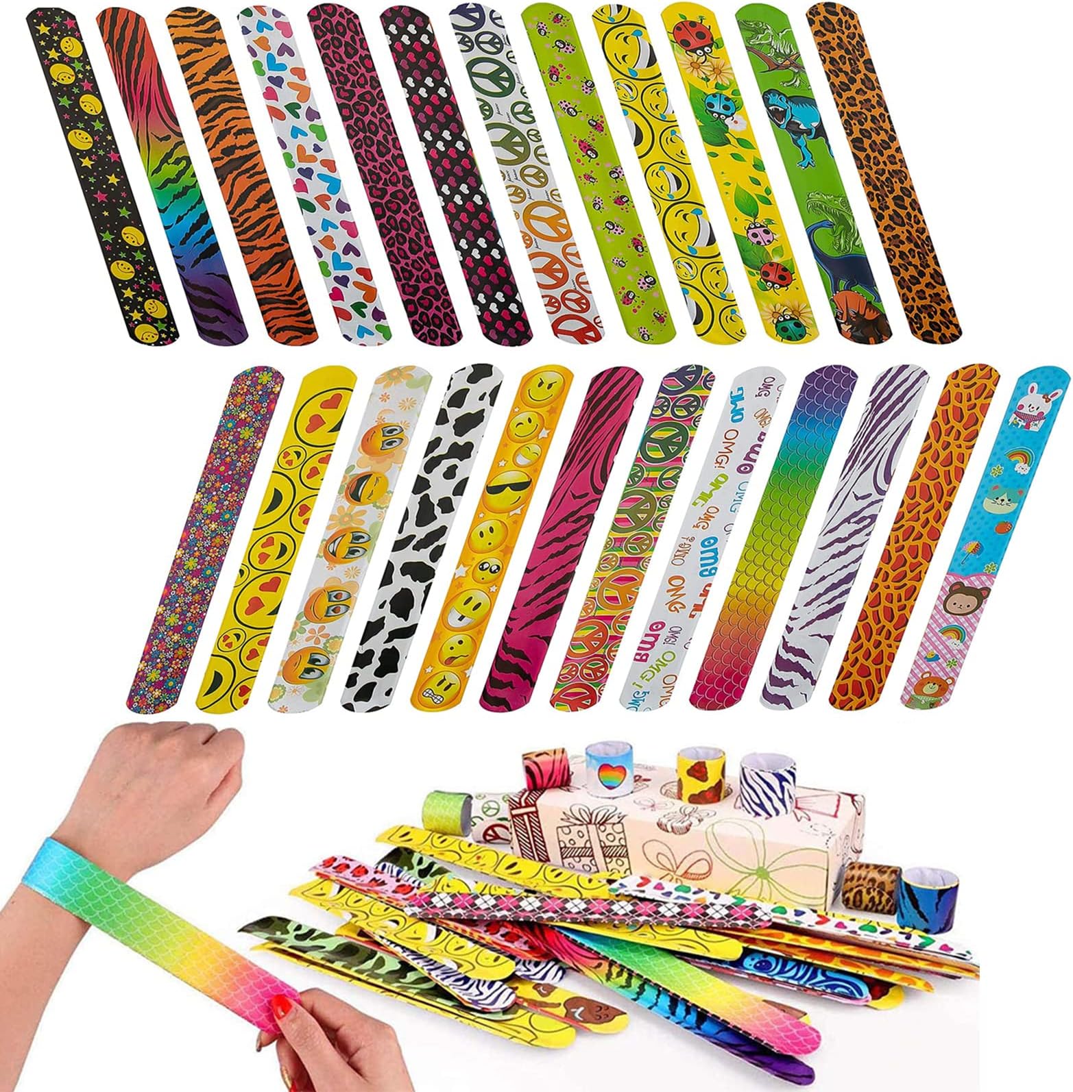 Slap Bracelets Toys for Kids, 50 PCs Party Favors Trinket Colorful Hearts Animal Print Design Retro Slap Bands for Children Adults Birthday Classroom Gifts, Random Pattern
