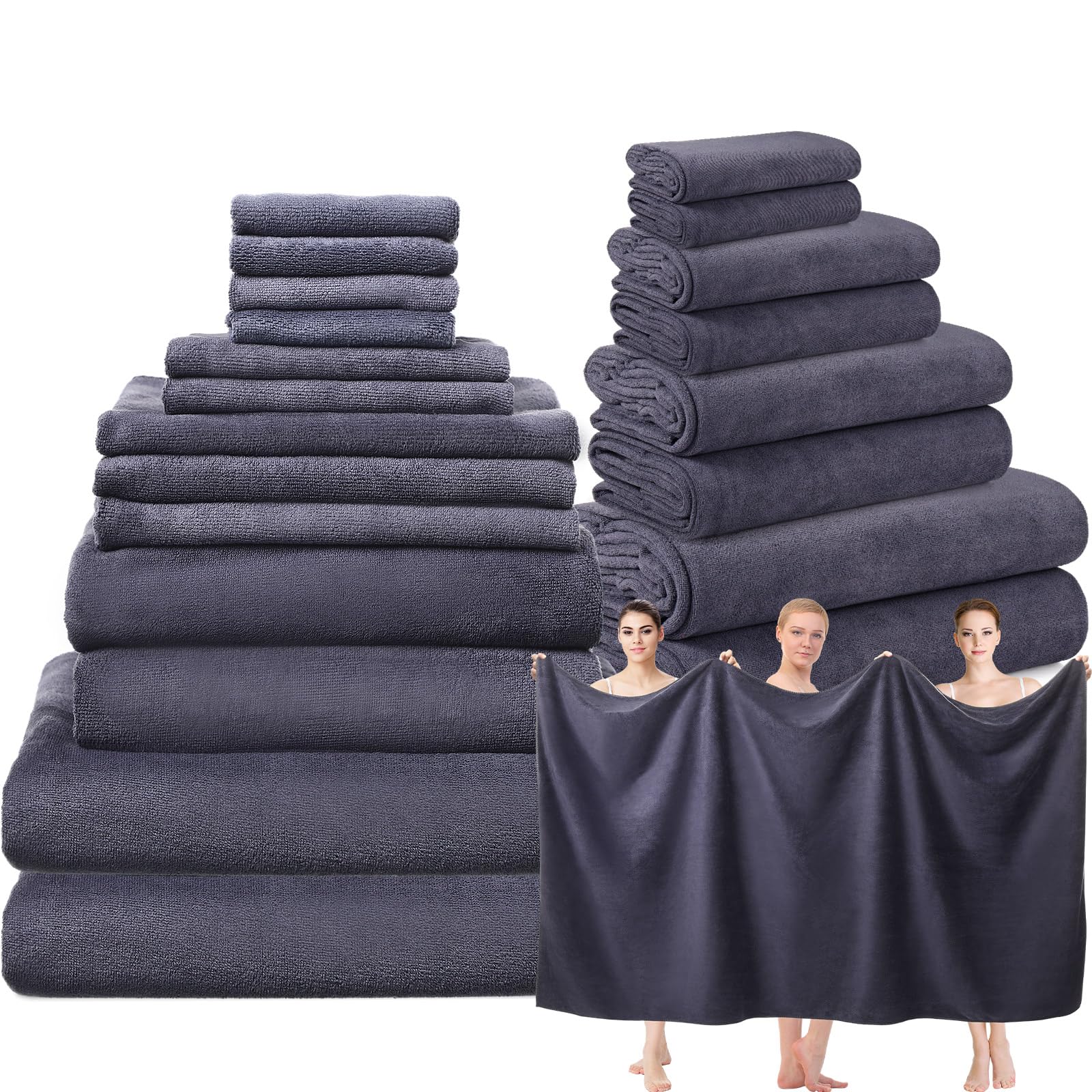 Mixweer 24 Piece Dark Grey Microfiber Absorbent Towel Set: 2 Oversized Bath Sheets, 4 Bath Towels, 6 Hand, 8 Washcloths, 4 Fingertip for Bathroom Spa