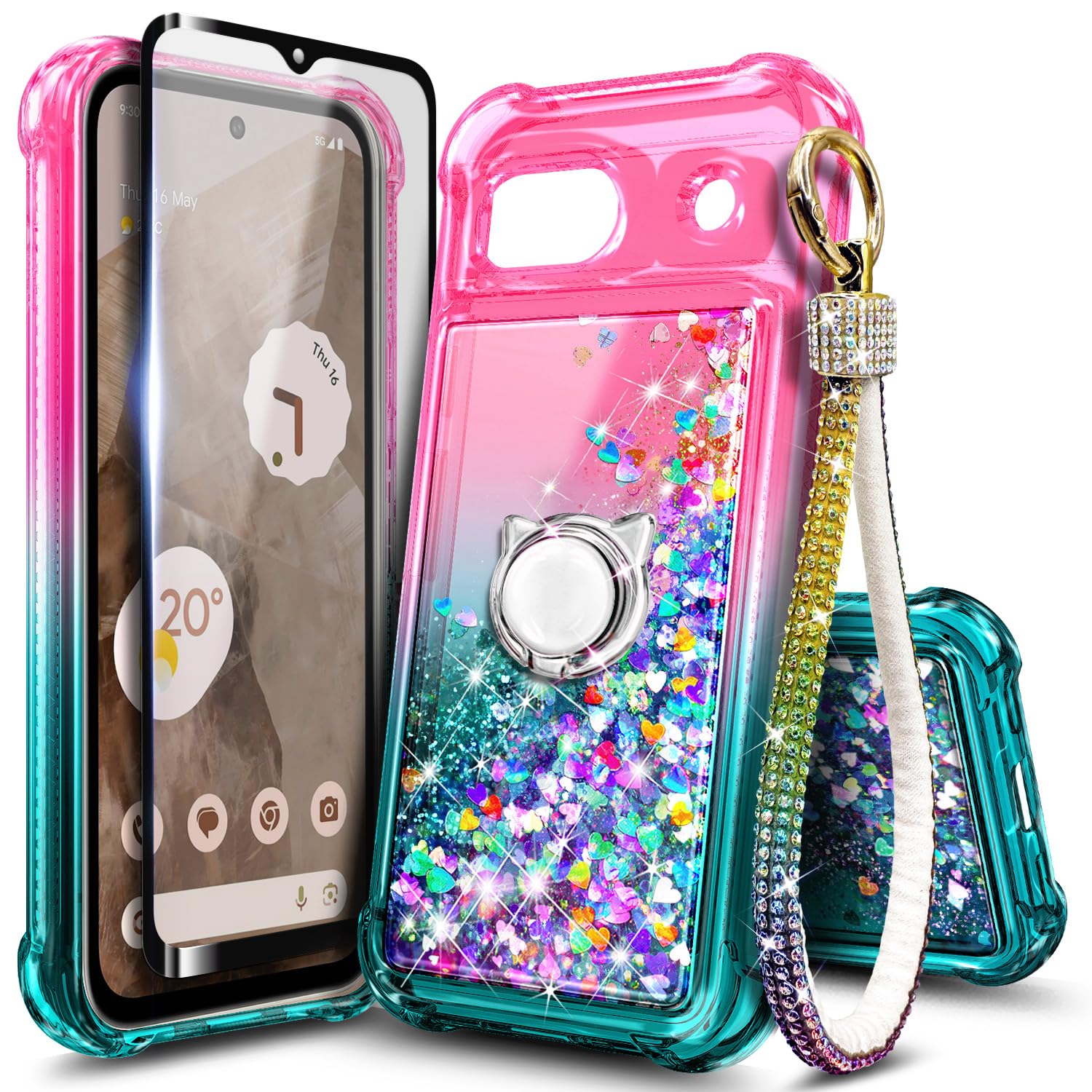 WDHD Compatible with Google Pixel 8A Case Pink/Aqua | Glitter Floating Liquid Waterfall Cute Phone Cover with Tempered Glass Screen Protector & Ring