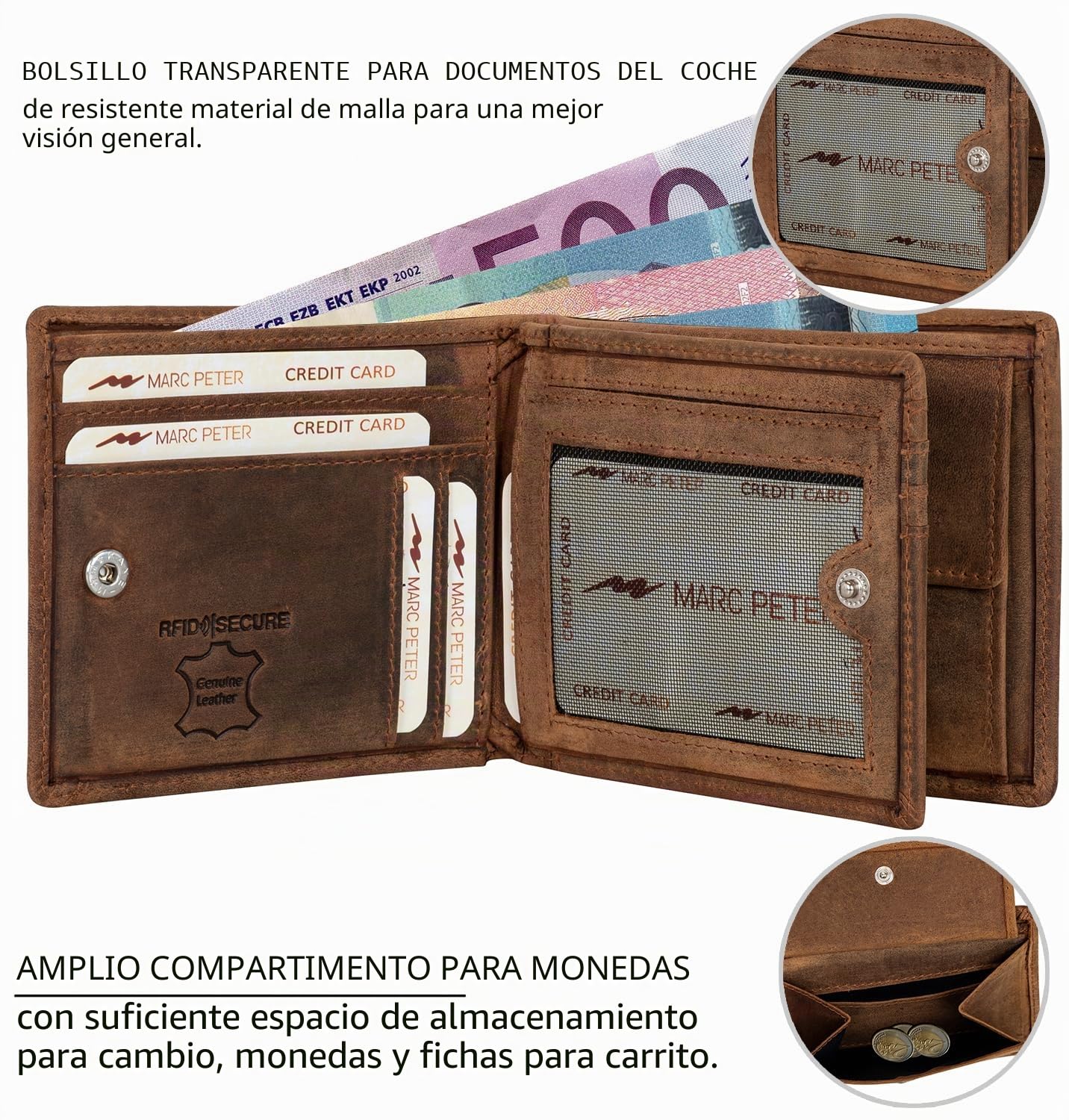 Marc Peter® Hanover - Cartera de piel auténtica para hombre con protección RFID, 10 compartimentos, Bronceado vintage con compartimento Airtag, MIT AIRTAG-FACH, Clásico