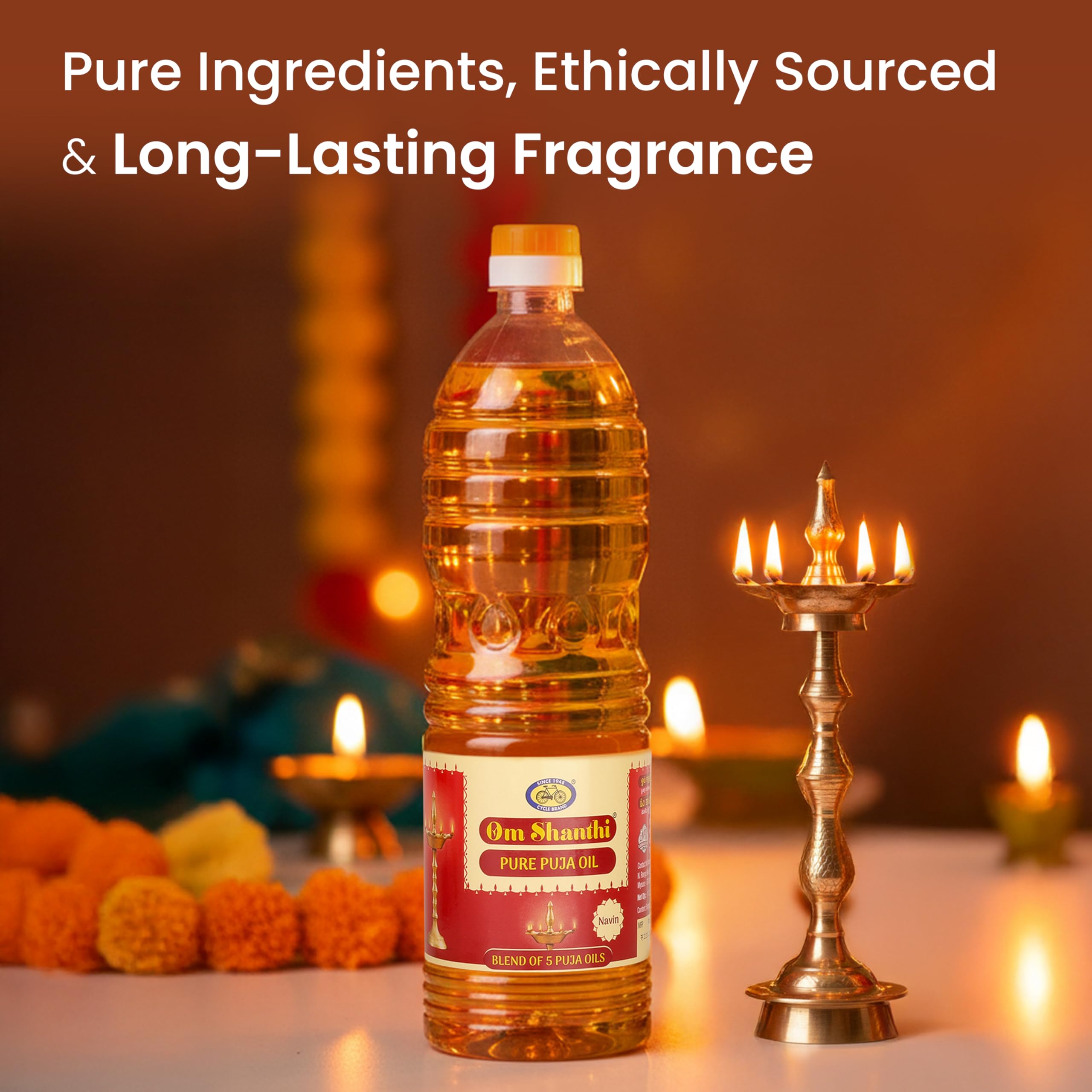 Om Shanthi POOJA MADE PURE Cycle Navin Puja Oil (Diya/Lamp Oil), Blend of 5 Puja Oils with the Fragrance of Tulsi for Daily Puja, Festivals - Pack of 1/1 Liter Per Pack 3