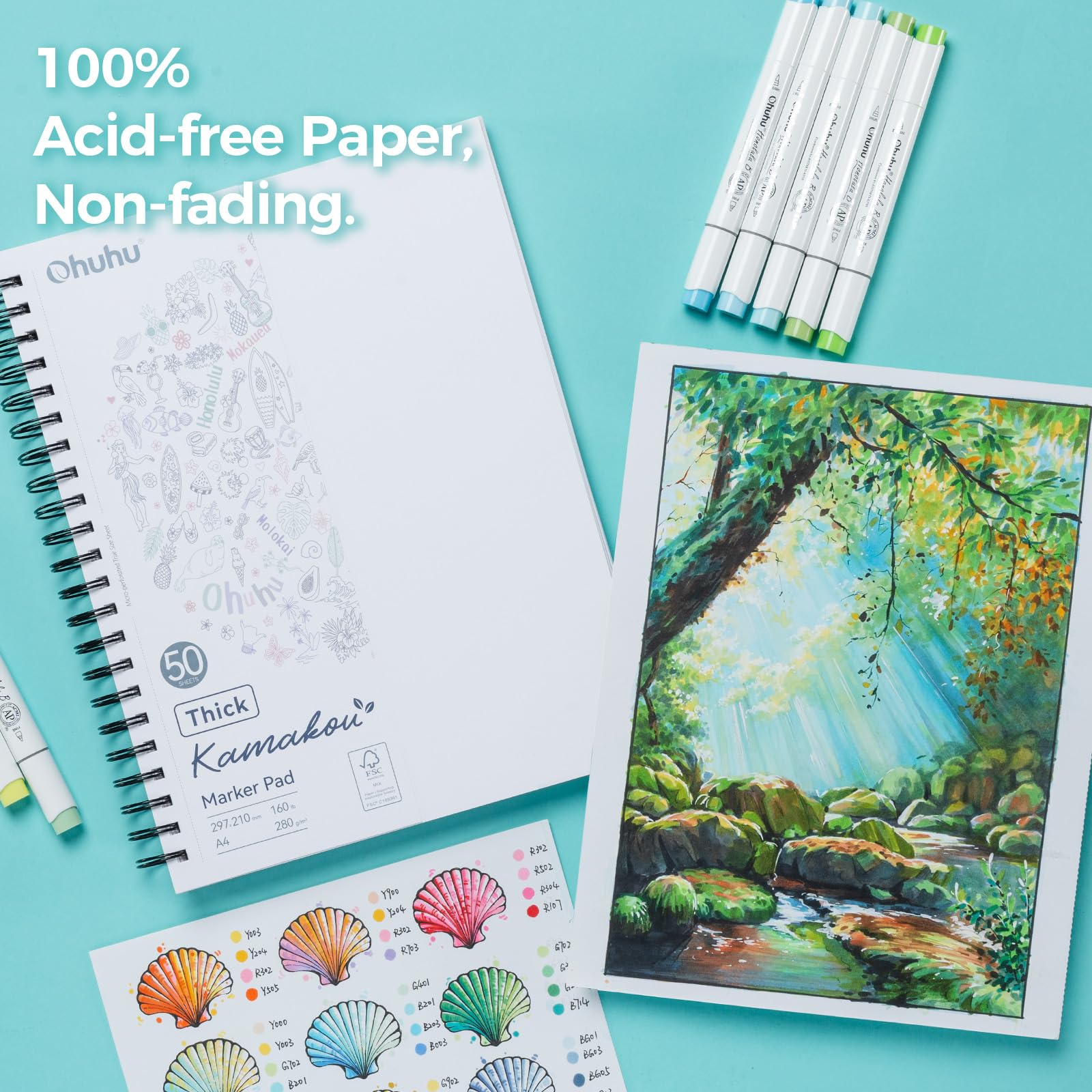 Ohuhu Cuaderno de Dibujo A4 - Sin Traspaso, Papel Extra Grueso Mejorado 280 g/m² – 50 Hojas (100 Páginas) Usables por Ambos Lados – Encuadernación en Espiral – Para Rotuladores Alcohol