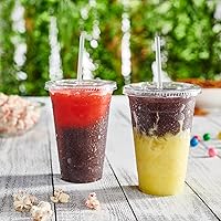 Vista 3 de GUSTO Clear Plastic Cups with Flat Lids [20 oz - 50 Count] - Disposable Iced Coffee Cups with Lids - PET Plastic Cold Cups for Smoothies, Juices &