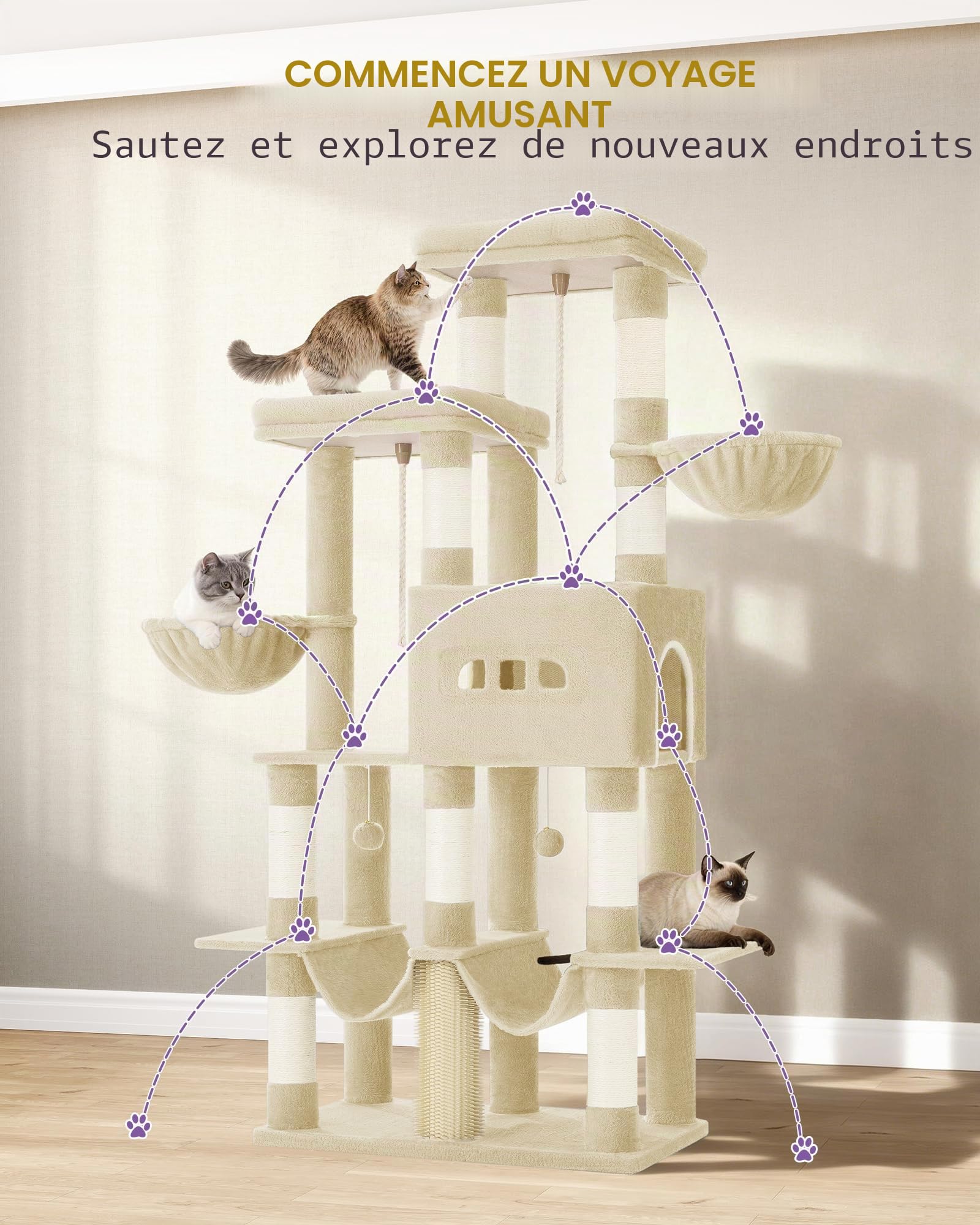 Hzuaneri Arbre à Chat, 176 cm, 2 Plateformes Extra-Larges, Beige | 2 Grande Grottes, 9 Poteaux à Griffer en Sisal, 2 Hamacs, Panier pour Chat, Pompons, Convient aux Chats Maine Coon, MS17218YL