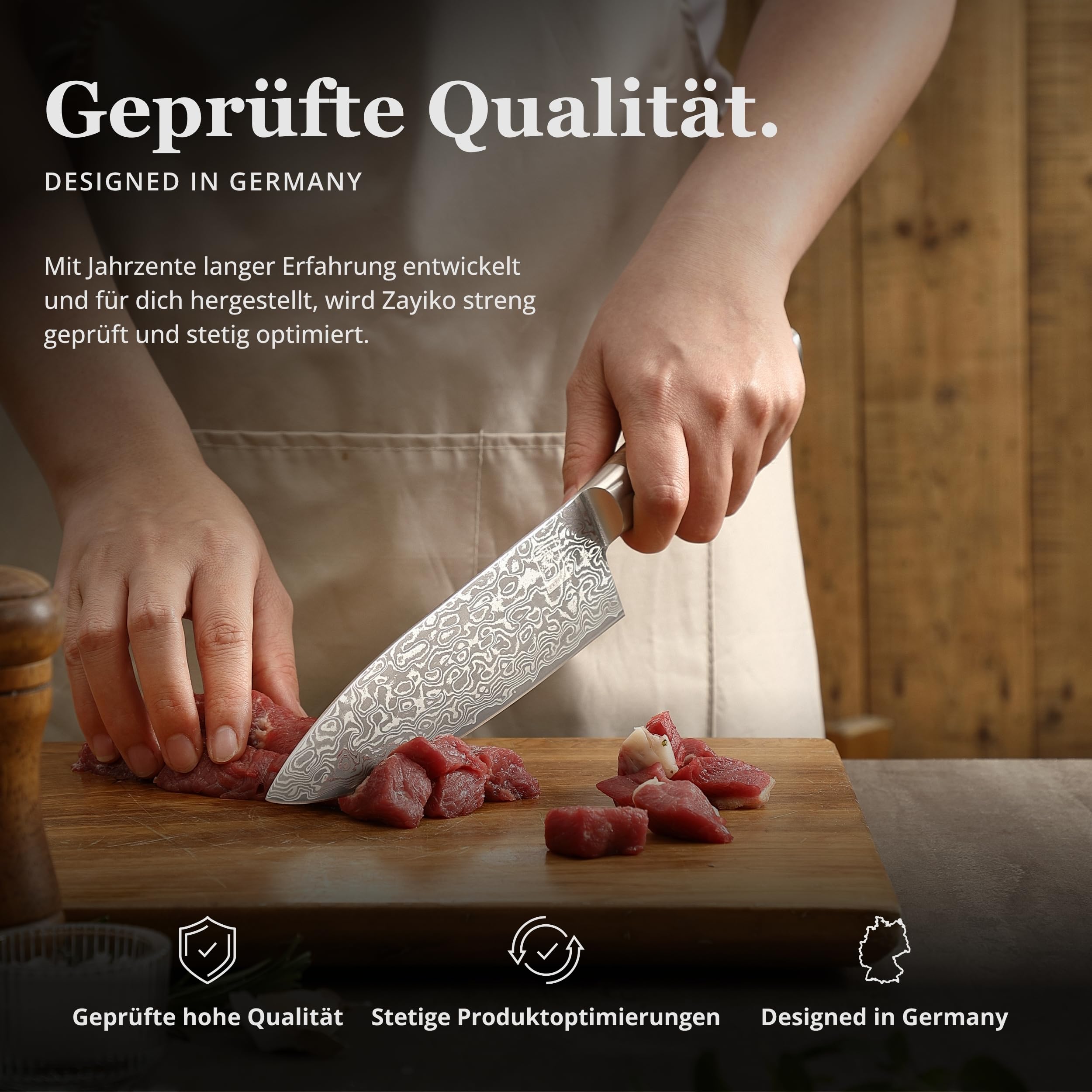 zayiko Kinone Premium Chefmesser mit 20 cm Klinge gefertigt aus 67 Lagen echtem Damaststahl mit Wurzelholzgriff Birke I Damastmesser Küchenmesser und Profi Kochmesser