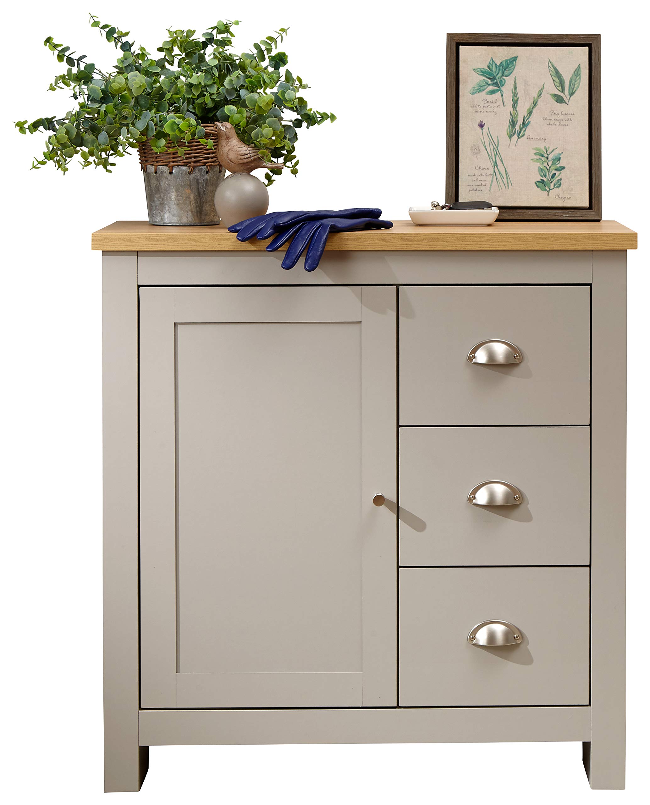 GFW Lancaster Grey 1 Door 3 Drawer Multi Storage Unit, Country Cottage Sideboard Cabinet with Oak Effect Top