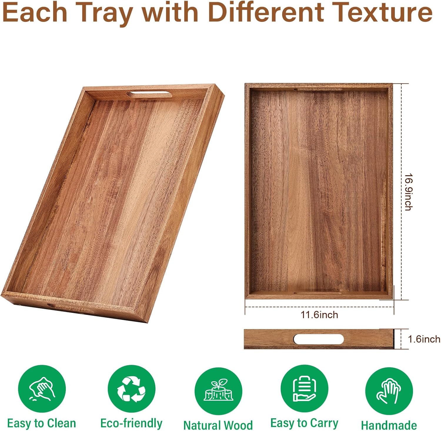 Wood Serving Tray with Handles, 16.9 Inch Coffee Table Tray for Daily Use, Farmhouse Wooden Serving Tray for Breakfast, Lunch, Dinner, Home Kitchen Dining Tabletop Decor, Ottoman Decorative Tray