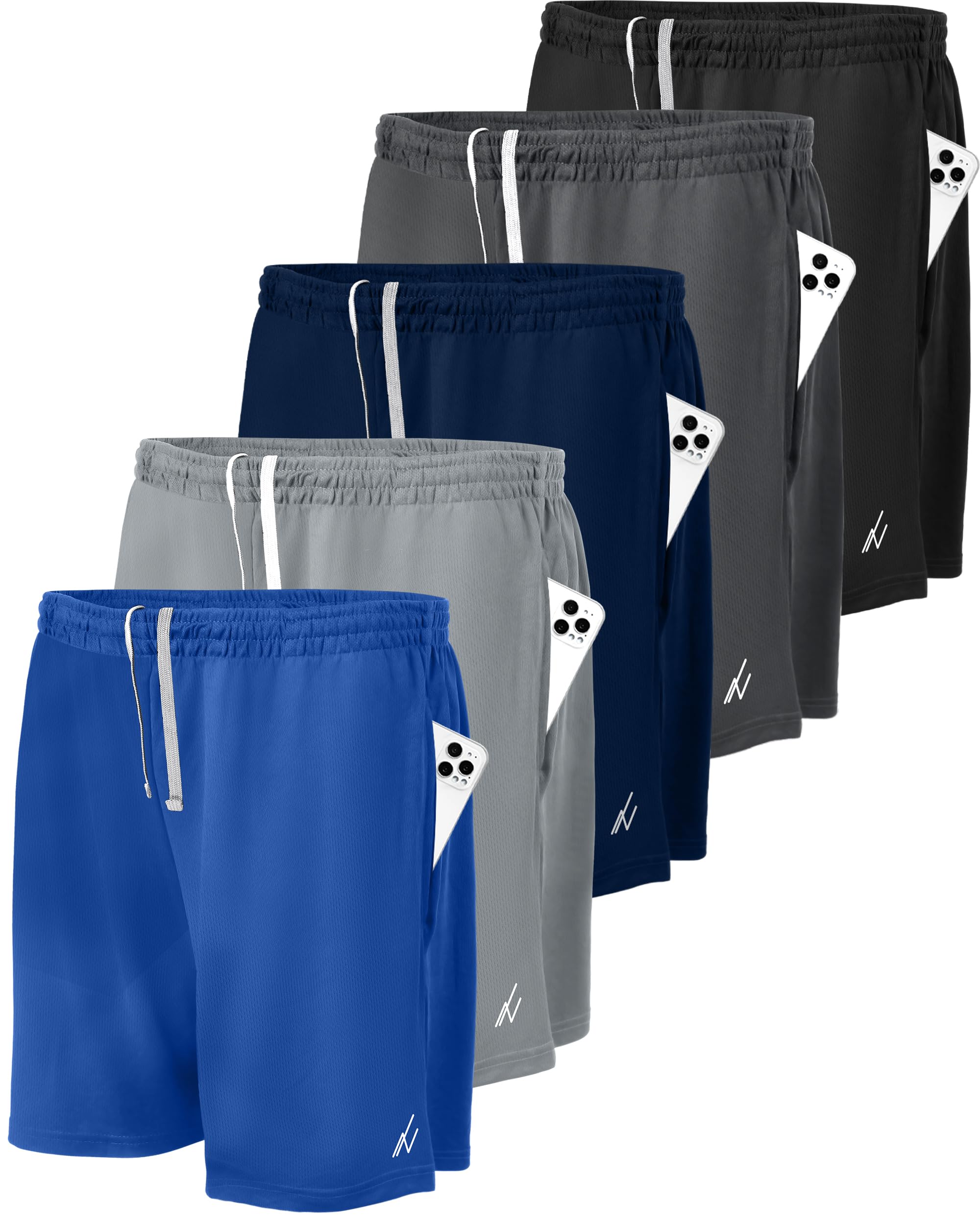 NY Threads 5 Pack Men's Athletic Shorts Quick Dry Loose-Fit Lightweight Running Workout Gym Shorts with Pockets, XX-Large, Black/Navy/Dark Grey/Medium Grey/Royal Blue