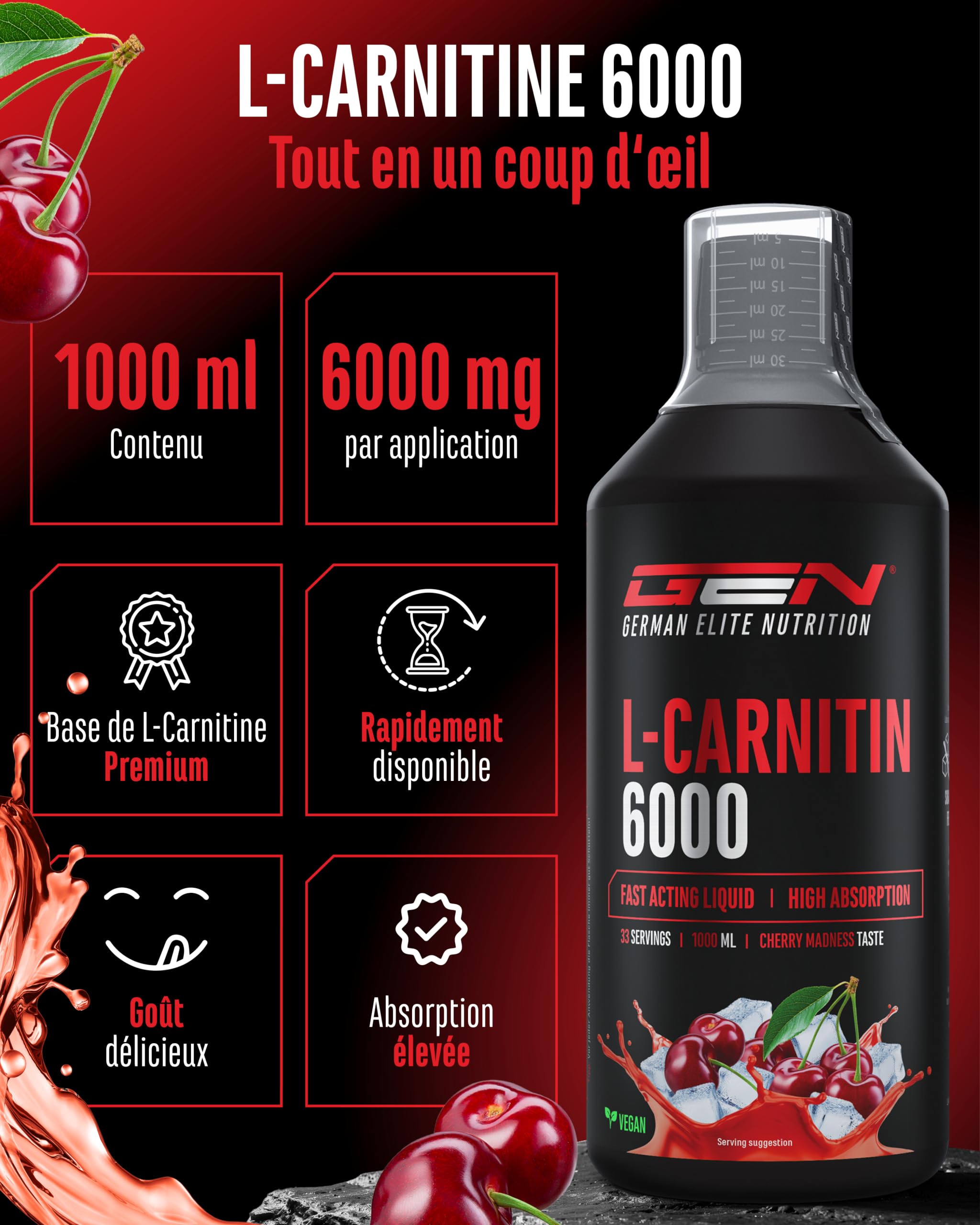 l carnitine liquide avis GEN GERMAN ELITE NUTRITION L-Carnitine 6000 Liquid - 1000 ml | Cherry Madness - Extra haute dose avec 6000 mg de L-Carnitine pure - Boisson Protéinée à Base d'Acides Aminés and recovery with Liquid glutathione Vitamin C Face anti-wrinkle cream Size:25 mg