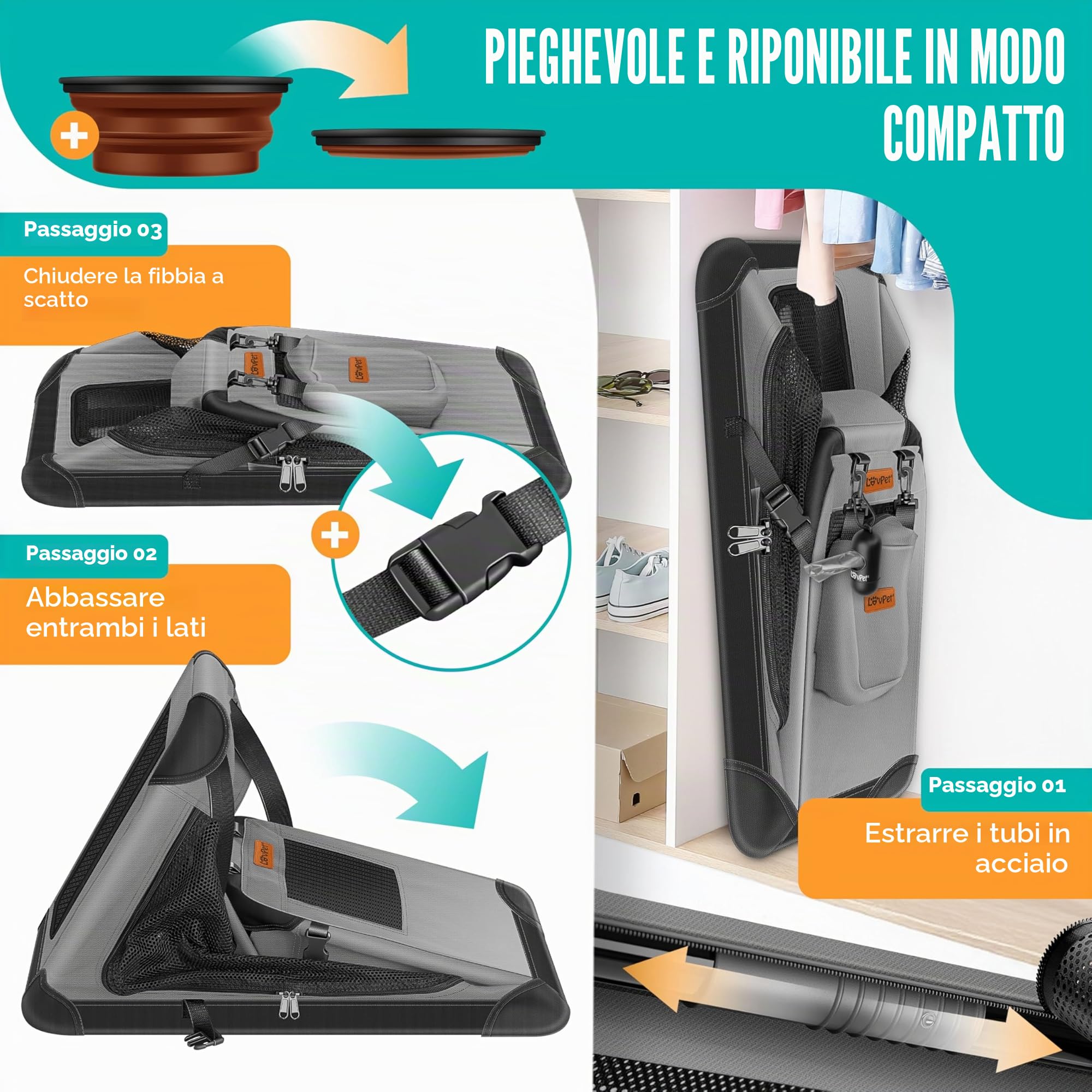 LOVPET® Trasportino per Cani - Box per Cani Pieghevole incl. Borsa per Il Trasporto e Ciotola - Cani e Gatti - casetta per Il Trasporto di Animali Domestici, Grigio chiaro, XXL