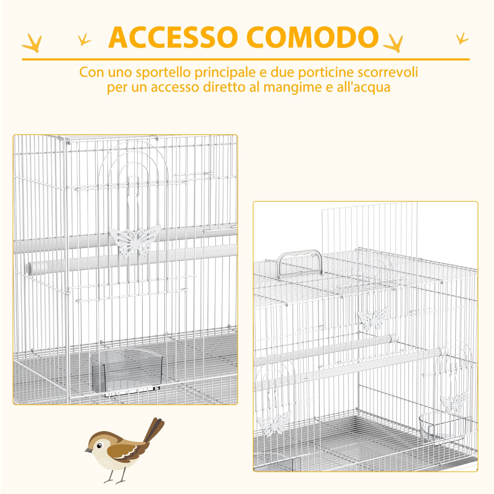 PawHut Gabbia per Uccelli in Metallo con Posatoi e Ciotole per Cibo, Voliera per Canarini e Pappagallini 60x41x41cm, Bianco