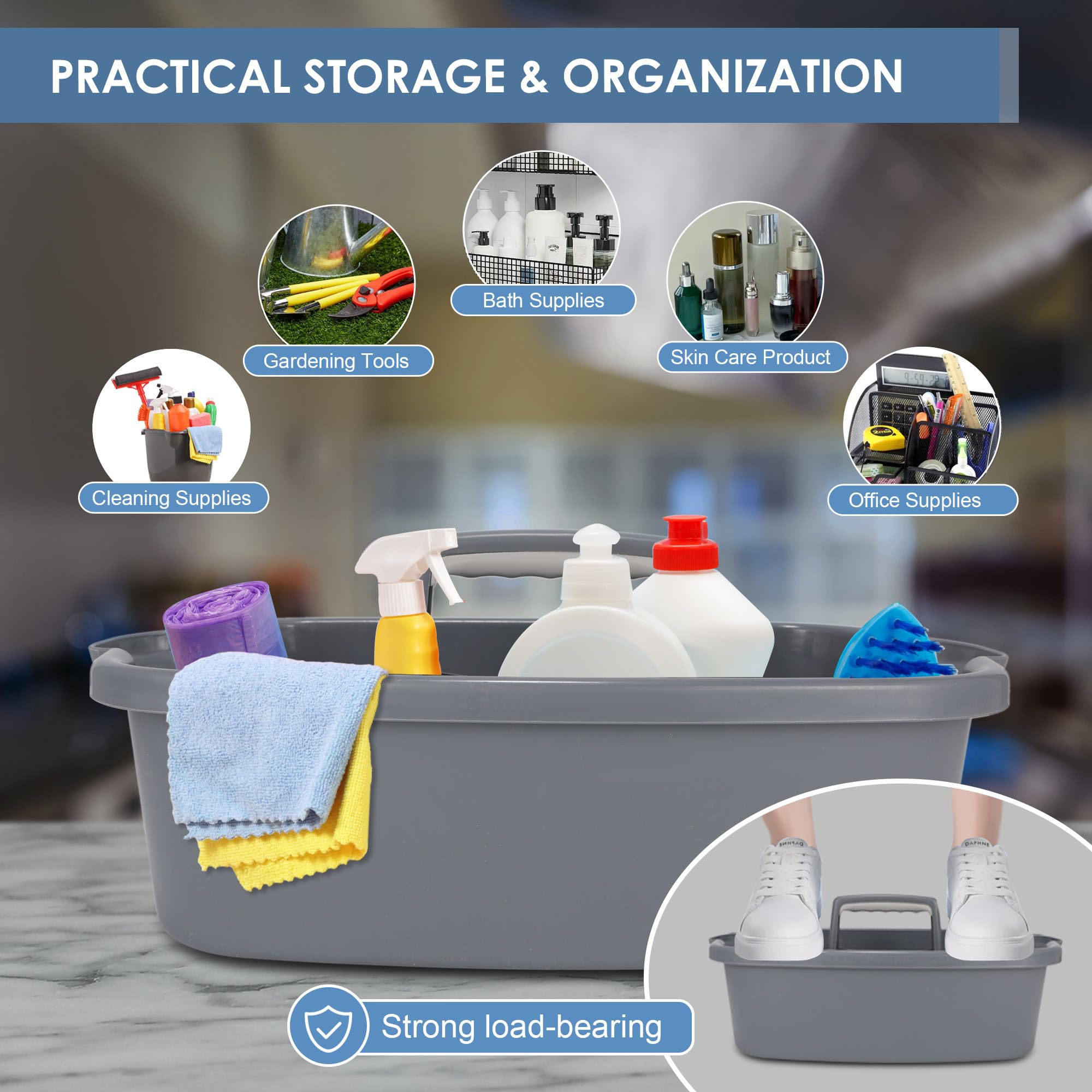 Organizador apilable para productos de limpieza, cesta de almacenamiento multiusos de plástico con asa, cesta para herramientas de jardín, cesta de limpieza, organizador de baño, caja de