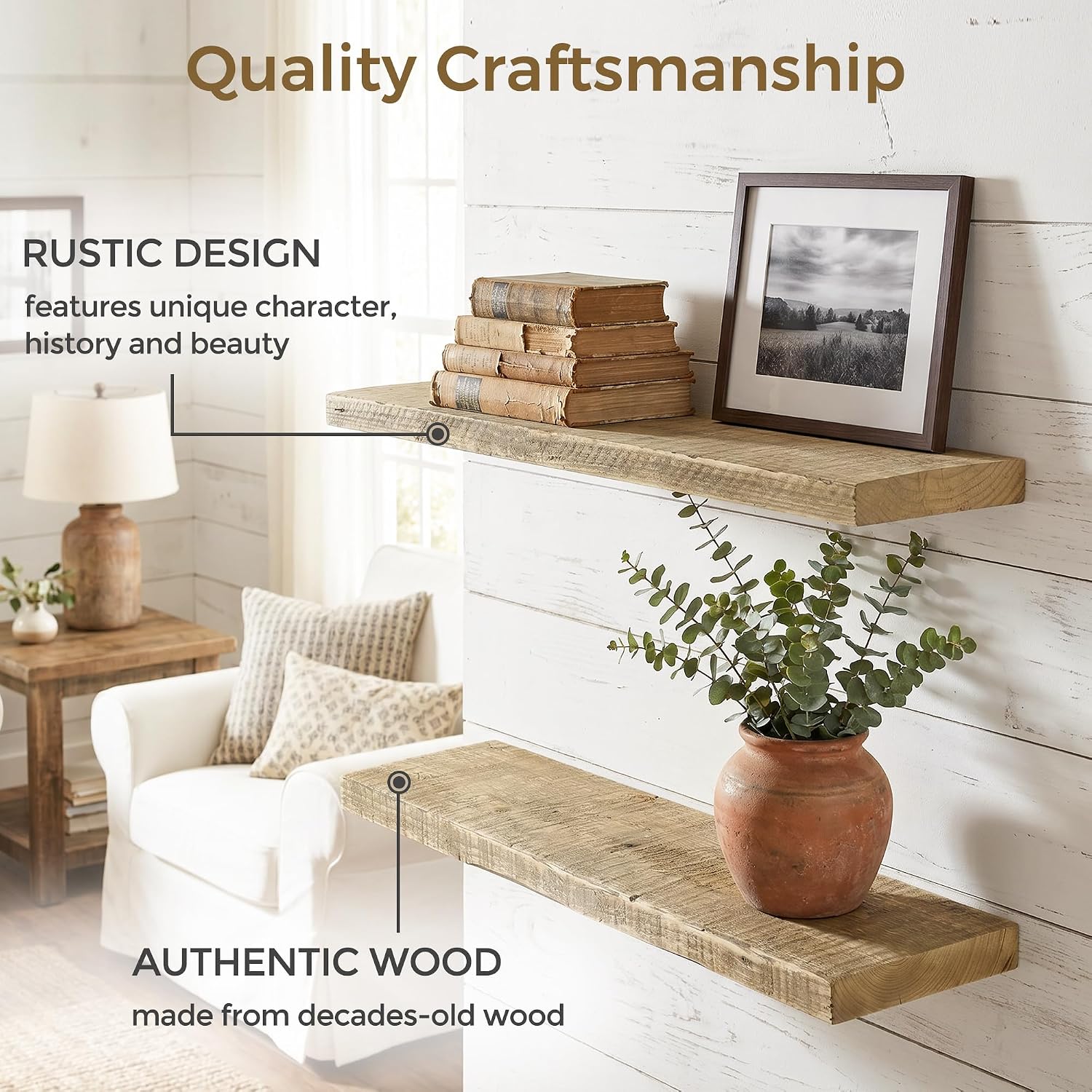 Axeman 36 Inch Rustic Wooden Floating Shelves for Wall|Solid Reclaimed Wood Wall Mounted Shelves with Invisible Brackets for Books Bathroom Kitchen Storage|8 Inch Deep|2 Pack, Natural