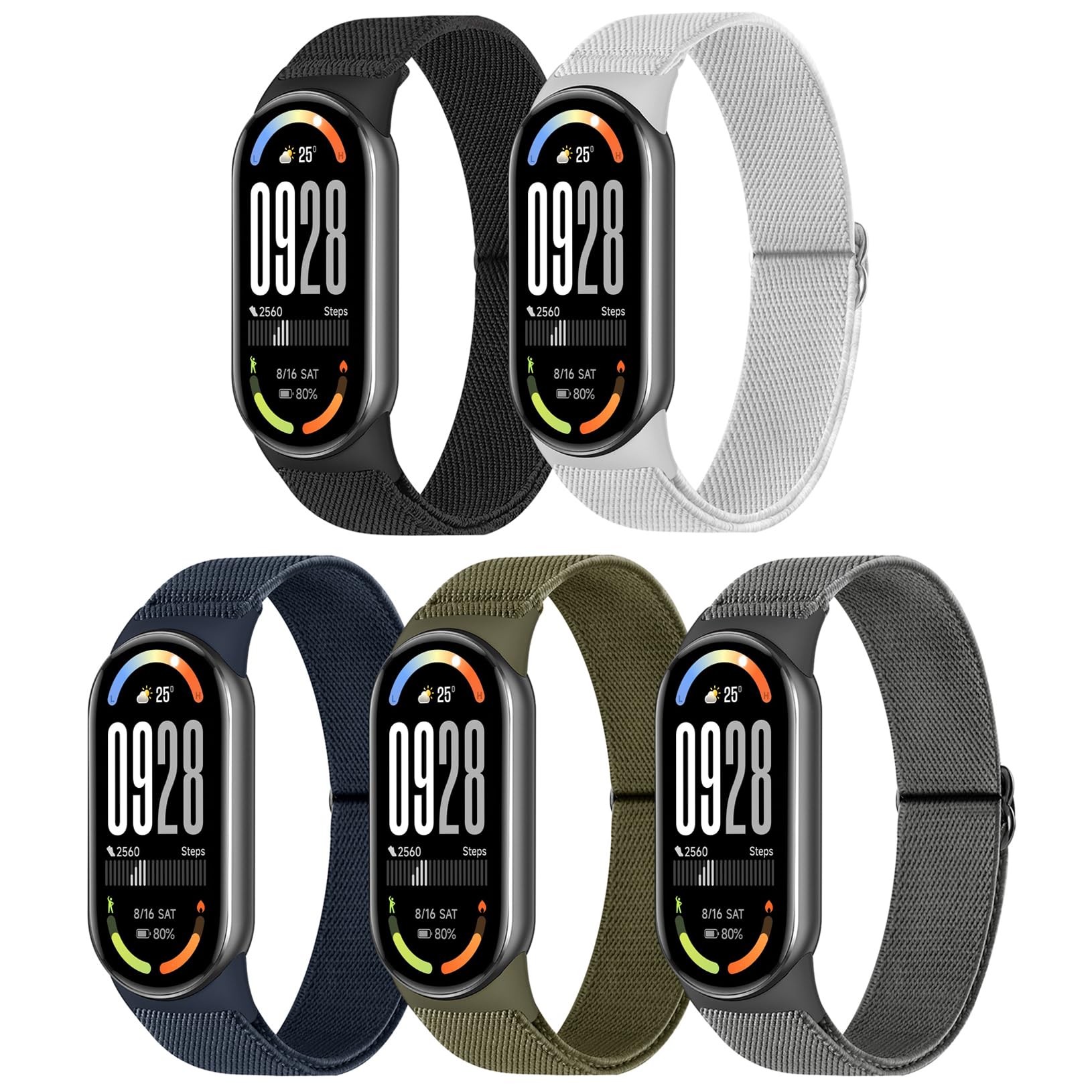 Wizvv Pack of 5 Xiaomi Mi Band 10/9/8 Wristbands, Adjustable Stretchy Nylon Wristbands, Sports Replacement Strap for Xiaomi Smart Band 10/9/8, 150 mm à 240 mm, Nylon
